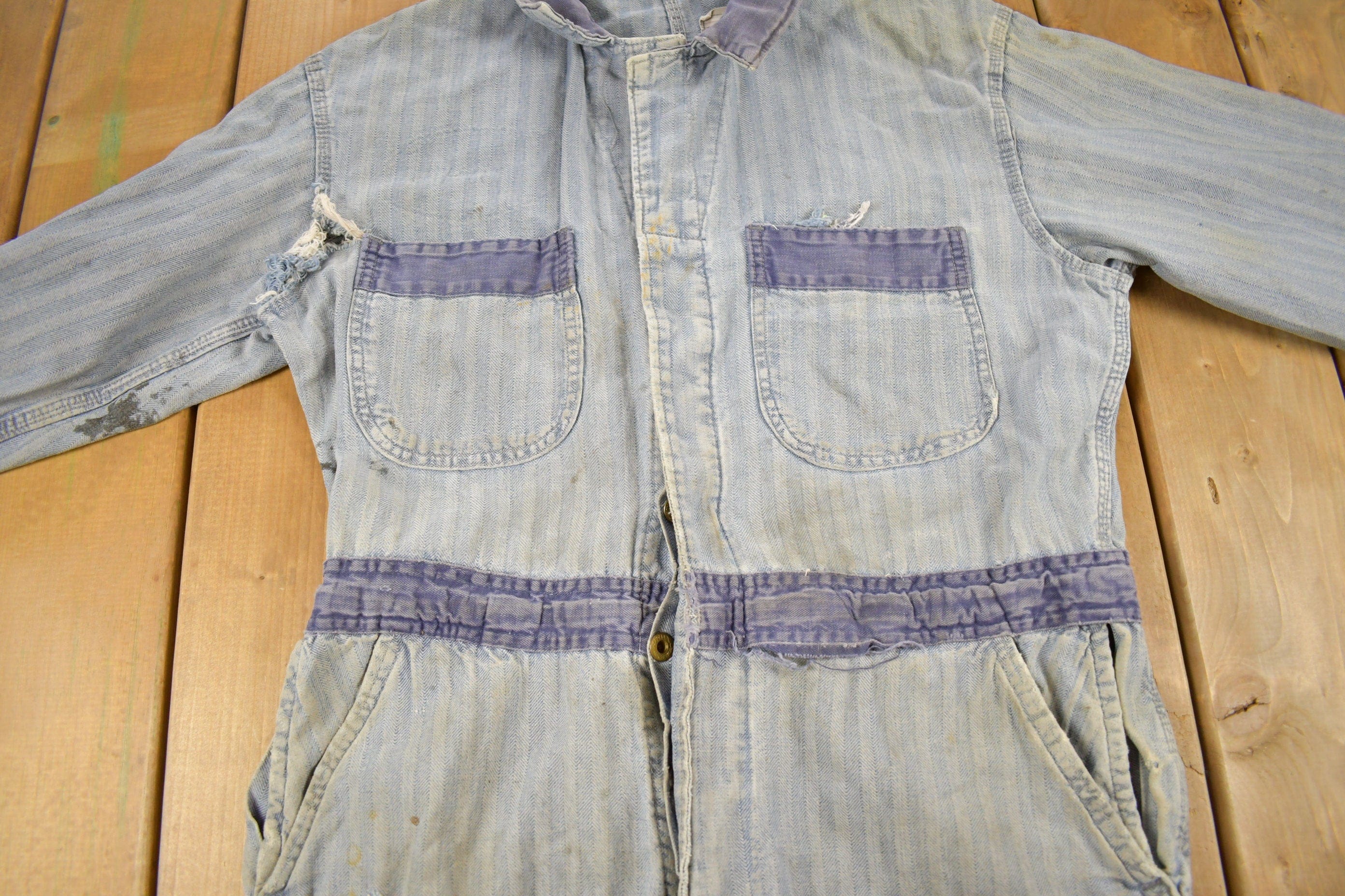 Vintage 1930s Perfect Union Made Distressed Denim Button Down Jumpsuit Men's 38 x 28 - Image 4