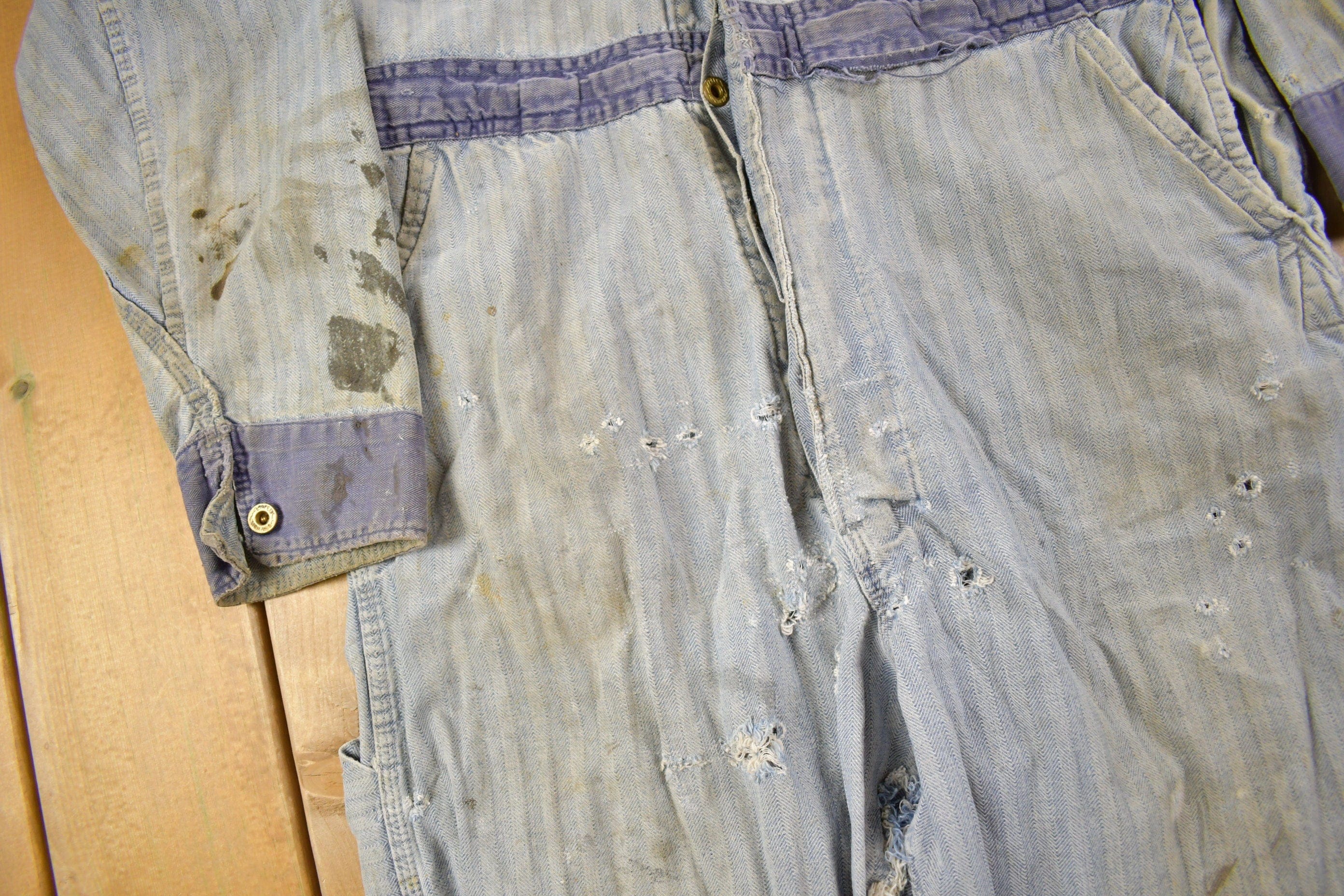 Vintage 1930s Perfect Union Made Distressed Denim Button Down Jumpsuit Men's 38 x 28 - Image 6