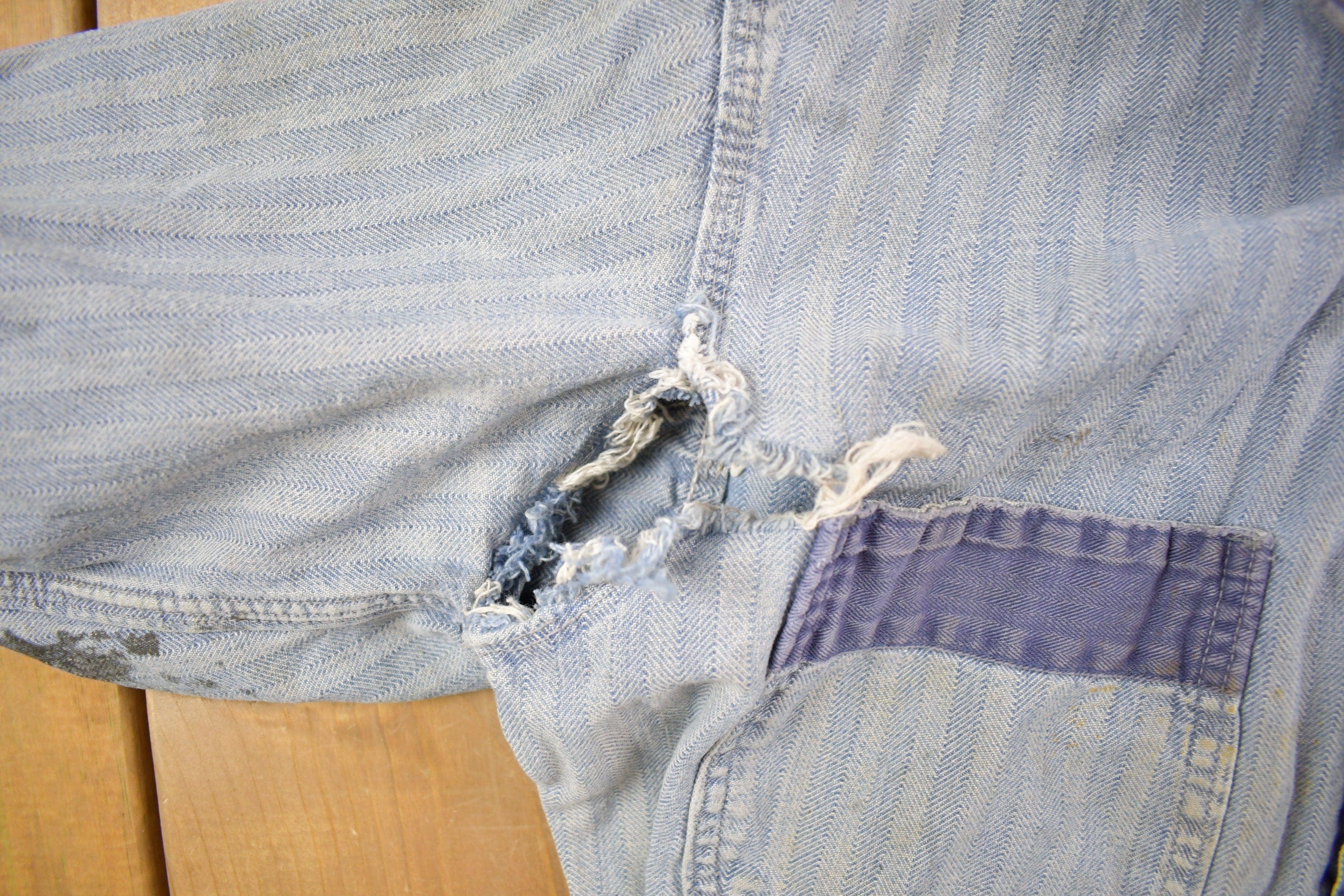 Vintage 1930s Perfect Union Made Distressed Denim Button Down Jumpsuit Men's 38 x 28 - Image 7