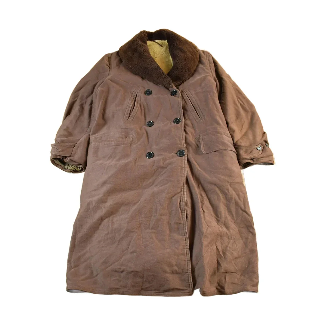 Vintage 1940s U.S. Military Mackinaw WW2 Double Breasted Shearling Long Coat Men's Large