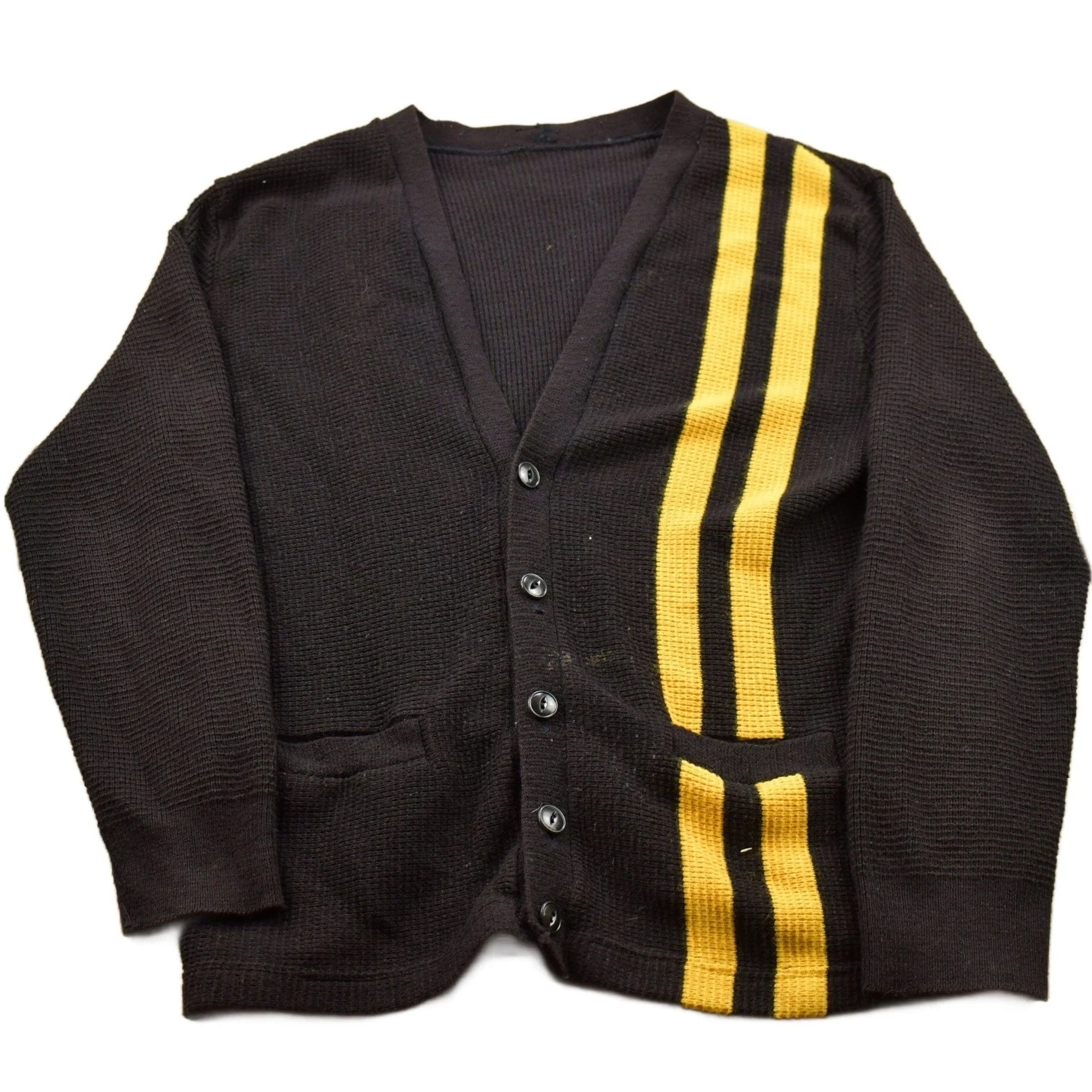 Vintage 1950s Vertical Yellow Racing Stripe Knitted Cardigan Sweater Men's S
