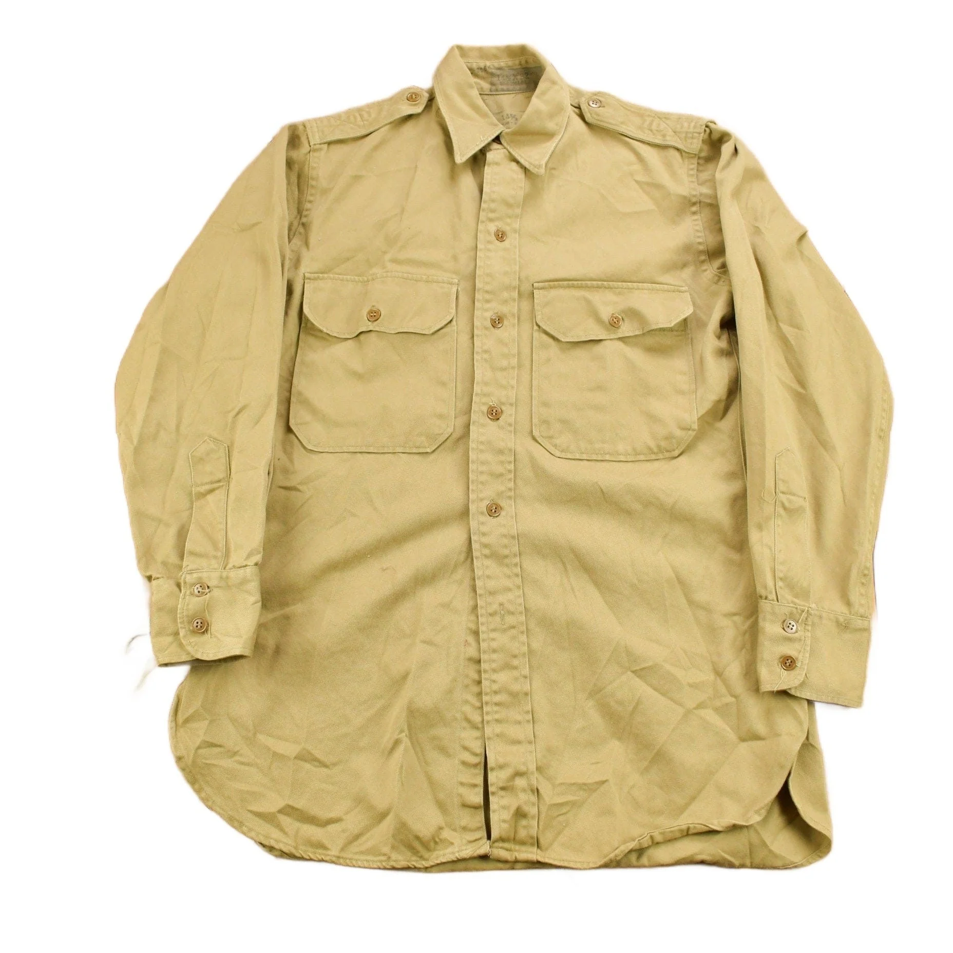 Vintage 1952 Military Khaki-1 Stand-Up Collar Button Up Shirt Men's Large