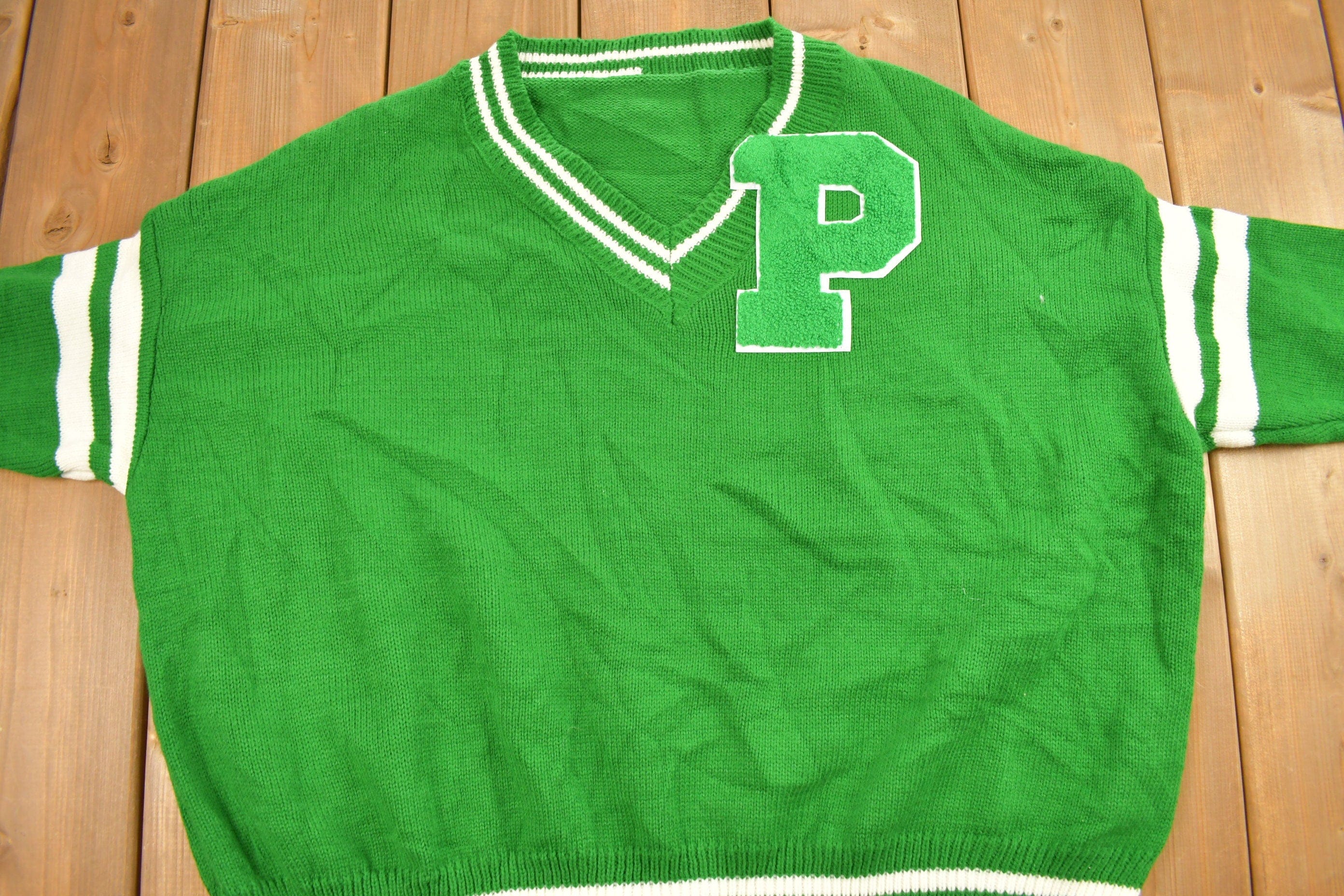 Vintage 1960s Collegiate Knitted V-Neck Sweater Men's XL - Image 3