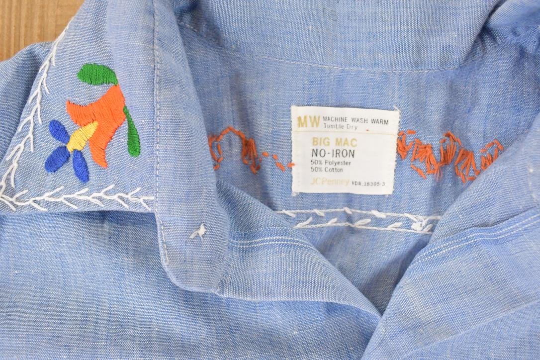 Vintage 1960s JC Penny Big Mac Loop Embroidered Western Denim Button Up Shirt Women's M - Image 6