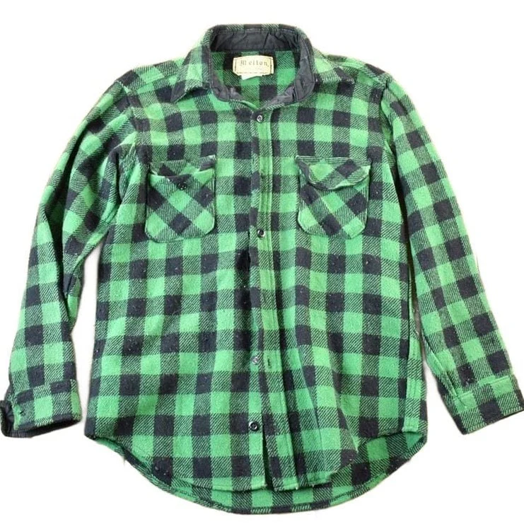 Vintage 1960s Melton Plaid Button Up Shirt Mens L