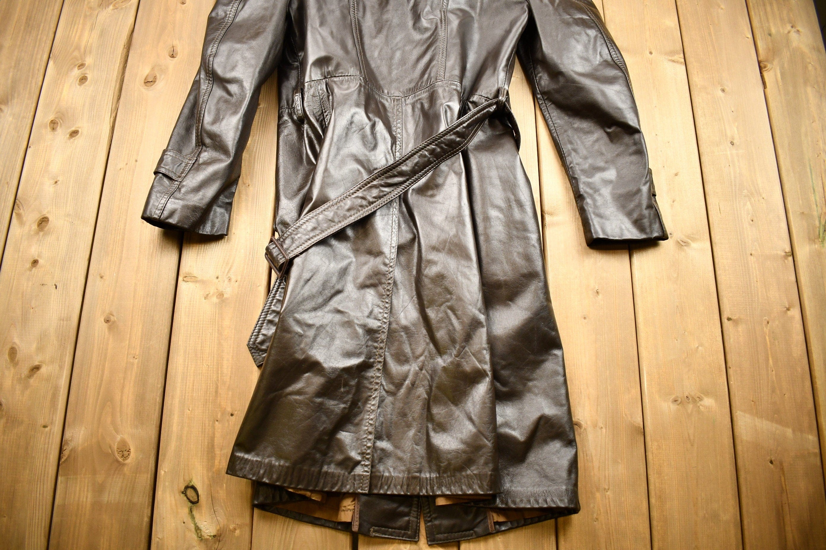 Vintage 1970s Full Length Brown Leather Trench Coat - Image 5