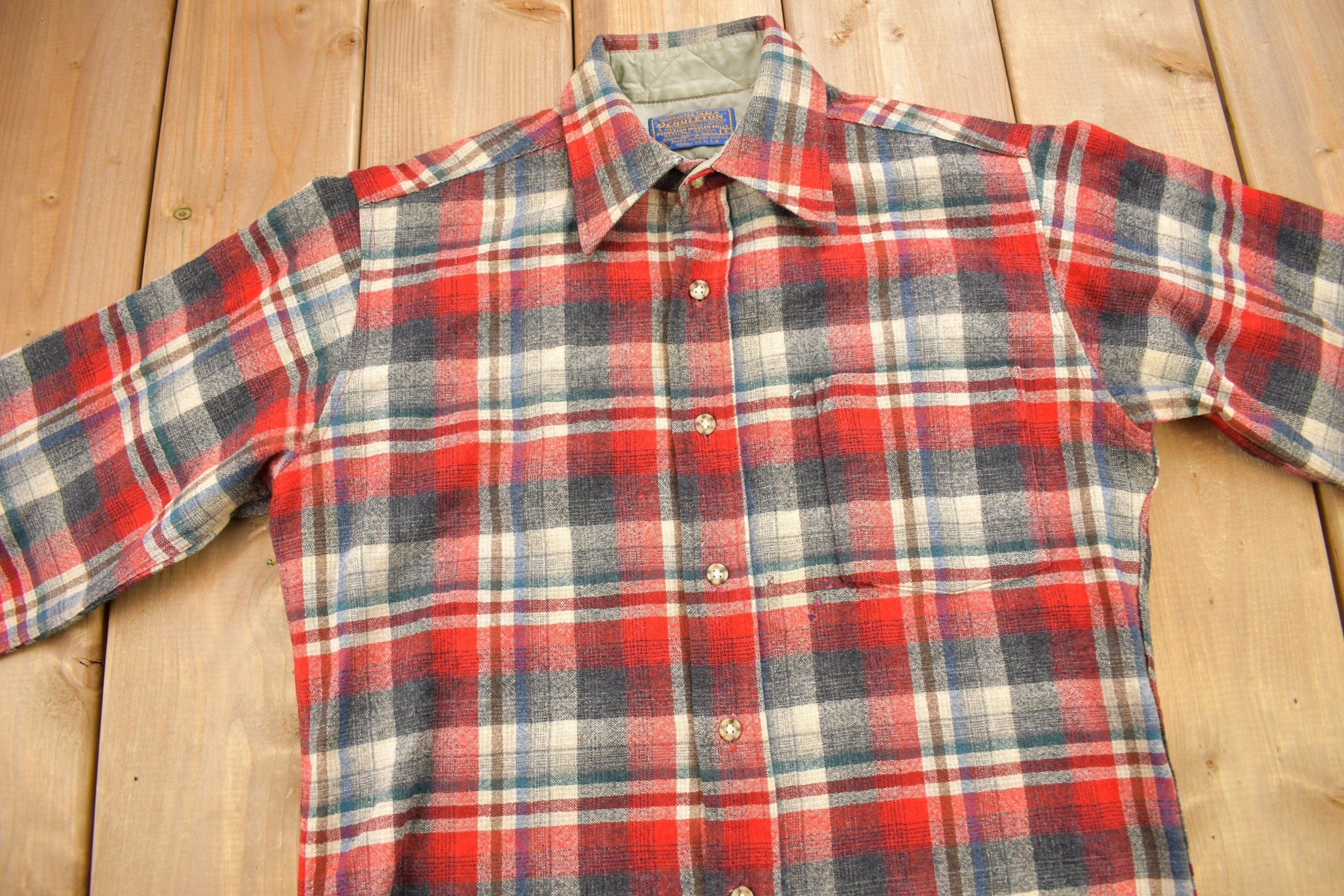 Vintage 1970s Pendleton Shadow Plaid Button Up Board Shirt Men's Small - Image 3