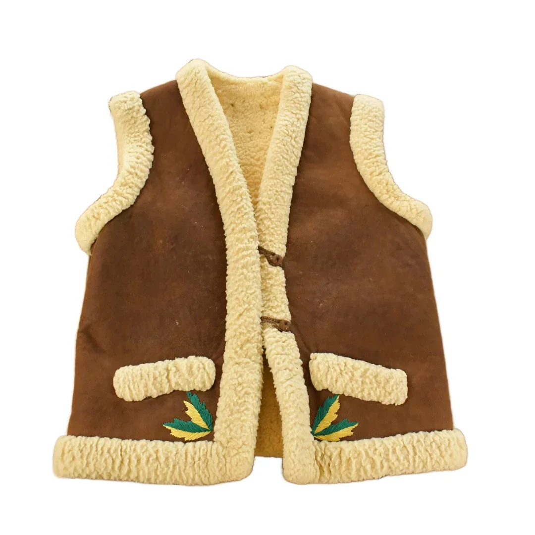 Vintage 1970s Shearling Floral Boho Vest Jacket Sherpa Lined Adult Large Men's Large