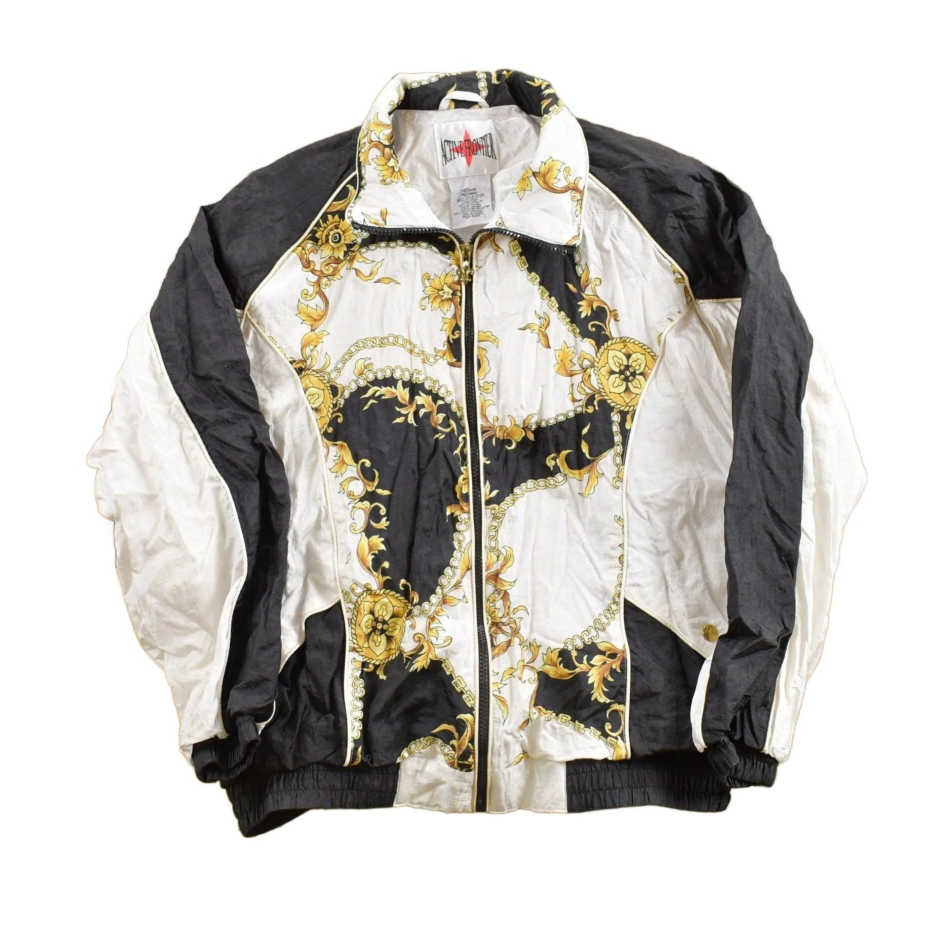Vintage 1980s Active Frontier Abstract Golden Floral Pattern Windbreaker Jacket All Over Print Men's Medium
