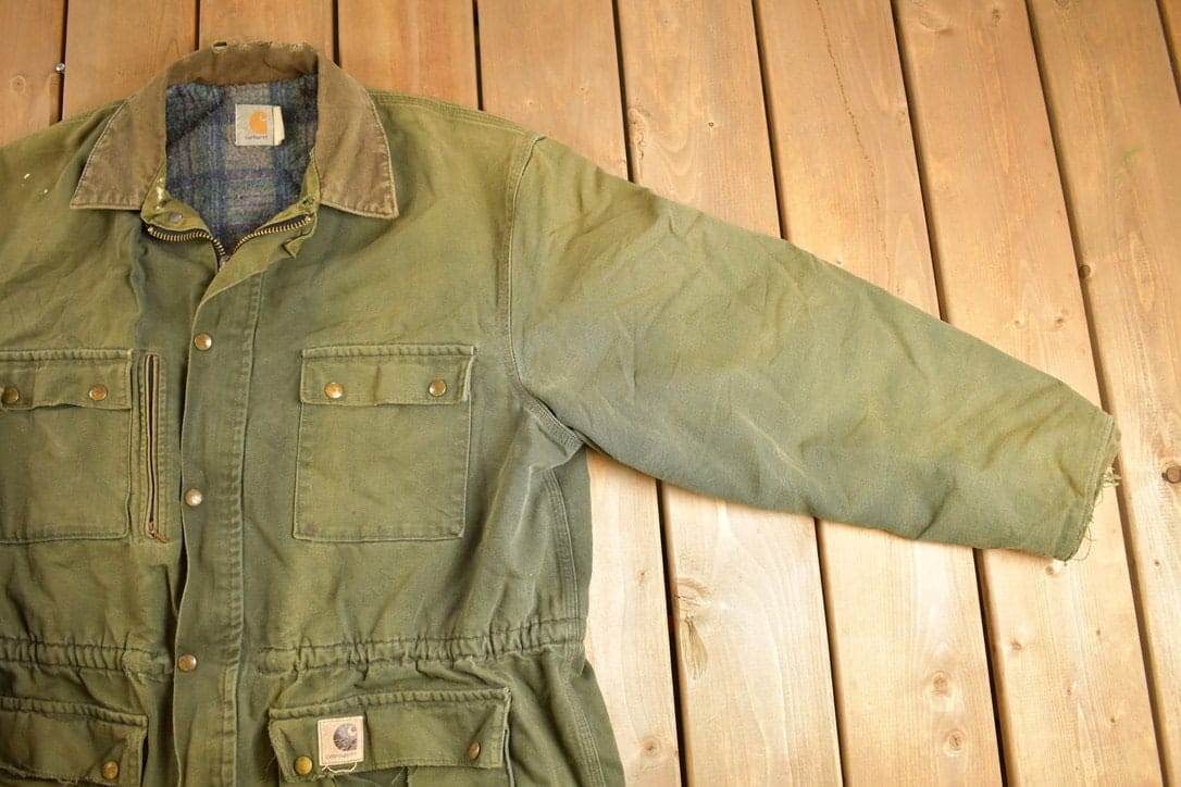 Vintage 1980s Army Green Carhartt Chore Coat Jacket Men's XL - Image 4