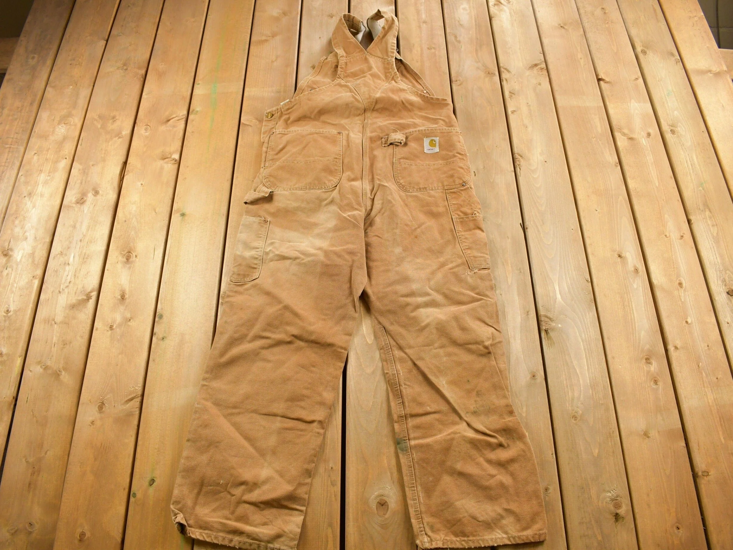 Vintage 1980s Carhartt Beige Canvas Double Knee Overalls Men's 40 x 26 - Image 3