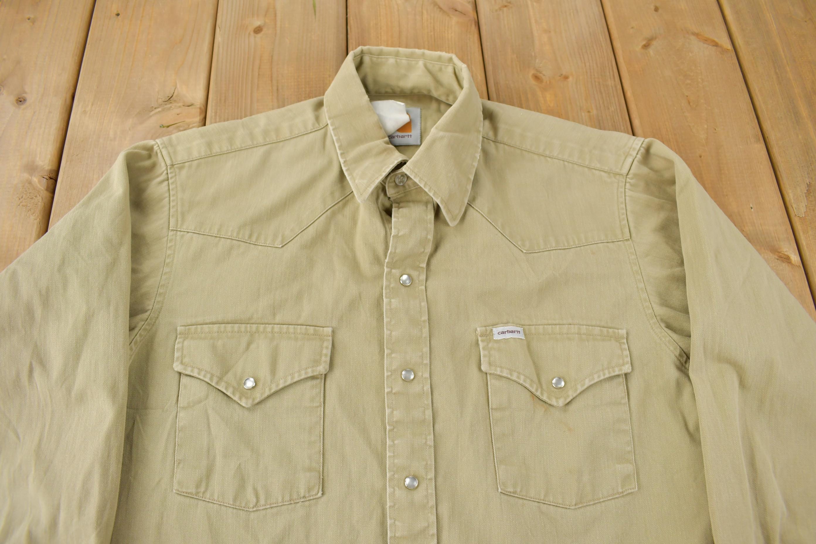 Vintage 1980s Carhartt Beige Snap Button Up Shirt Men's Large - Image 3