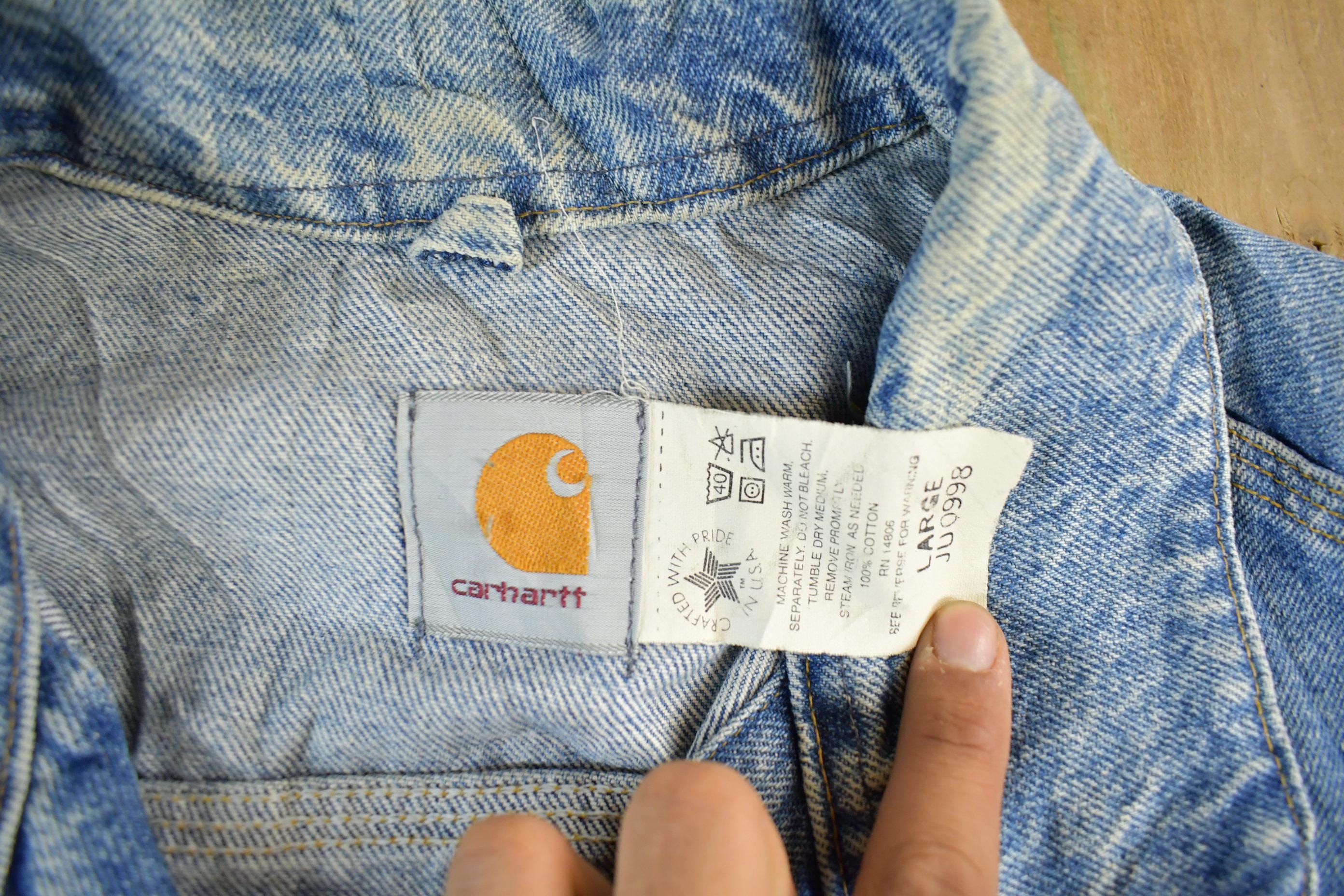 Vintage 1980s Carhartt Distressed Denim Trucker Work Jacket Men's Large - Image 6