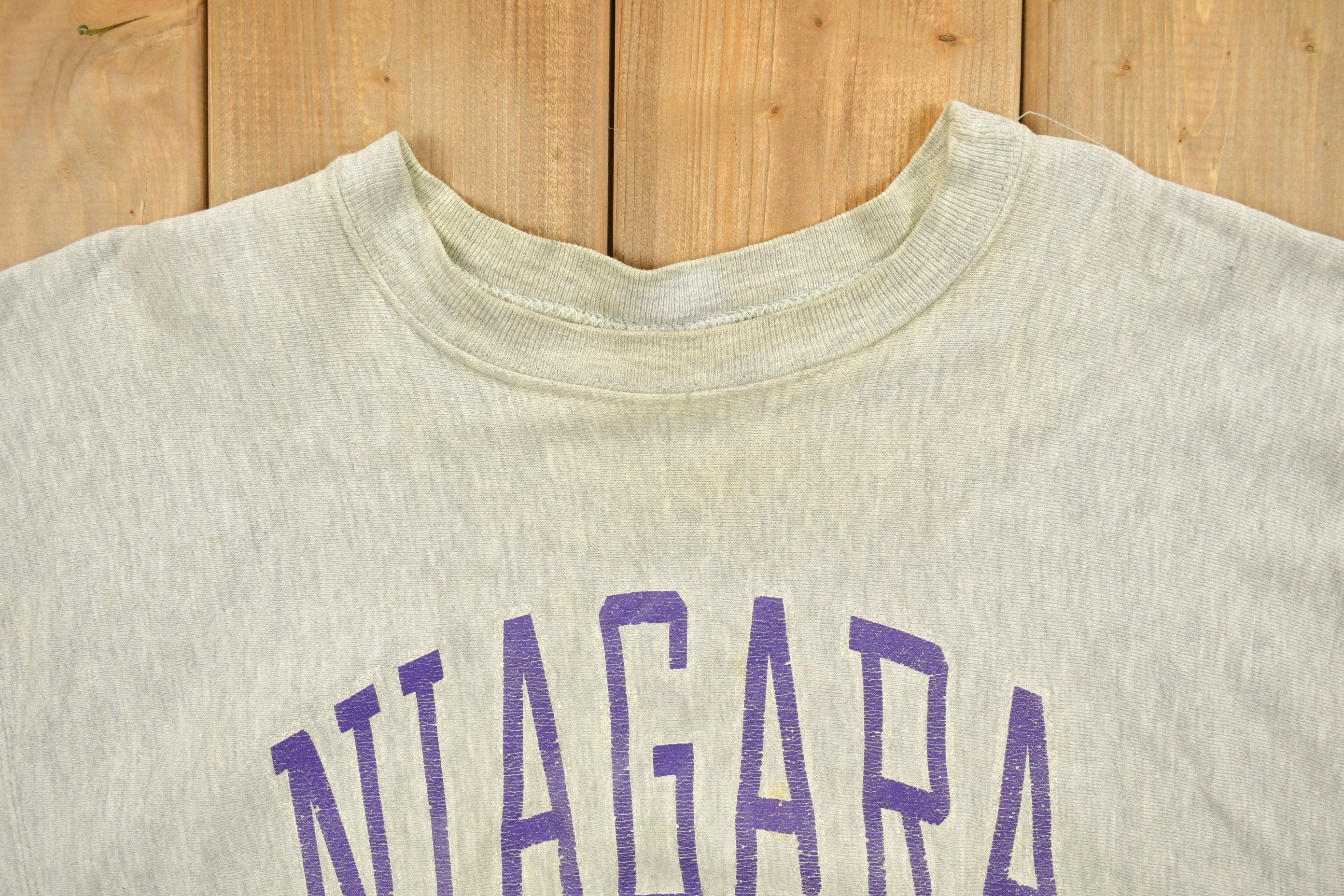 Vintage 1980's Champion Reverse Weave Warm-up Collegiate Crewneck University of Niagara Heavily Distressed Men's 2XL - Image 7