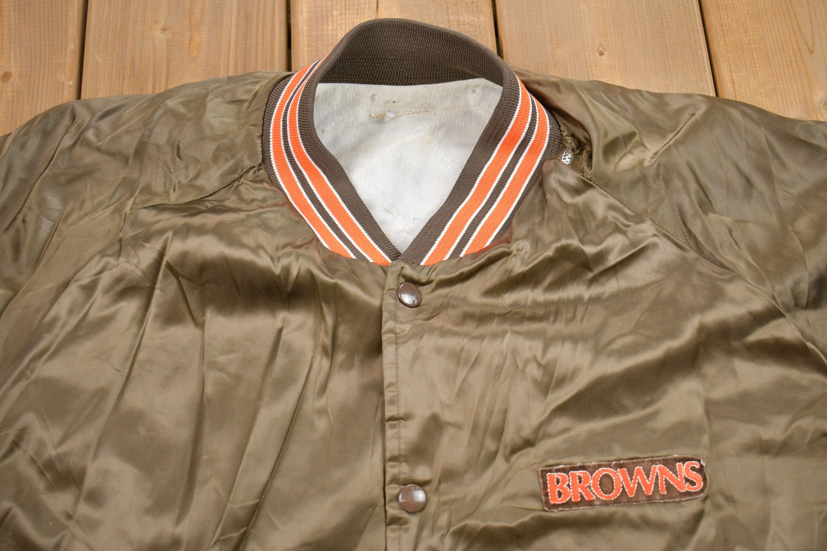 Vintage 1980s Cleveland Browns NFL Satin Bomber Jacket Men's XL - Image 3