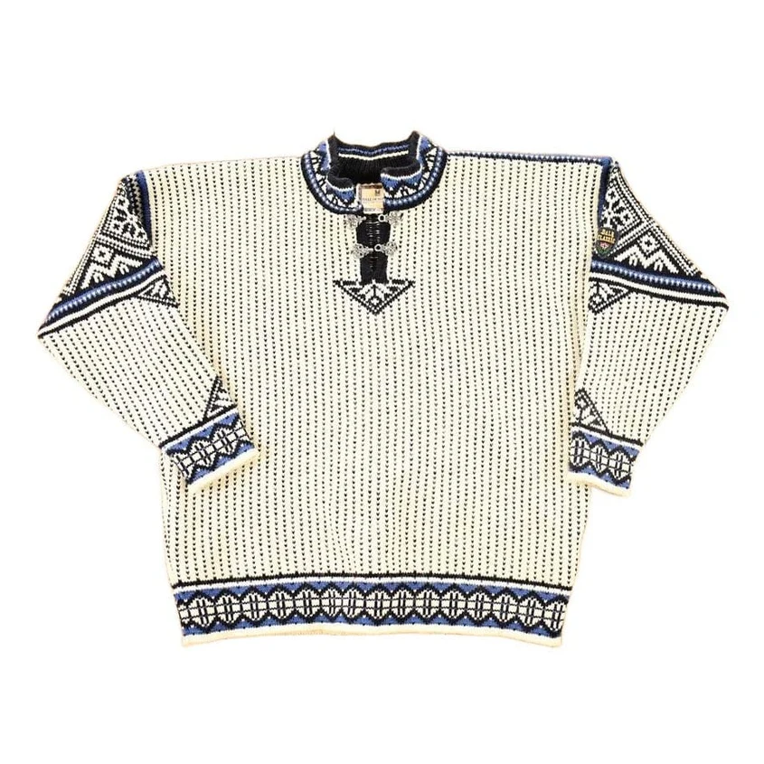 Vintage 1980s Dale Of Norway Heavy Wool Knit Abstract Pattern Crewneck Sweater Mens M