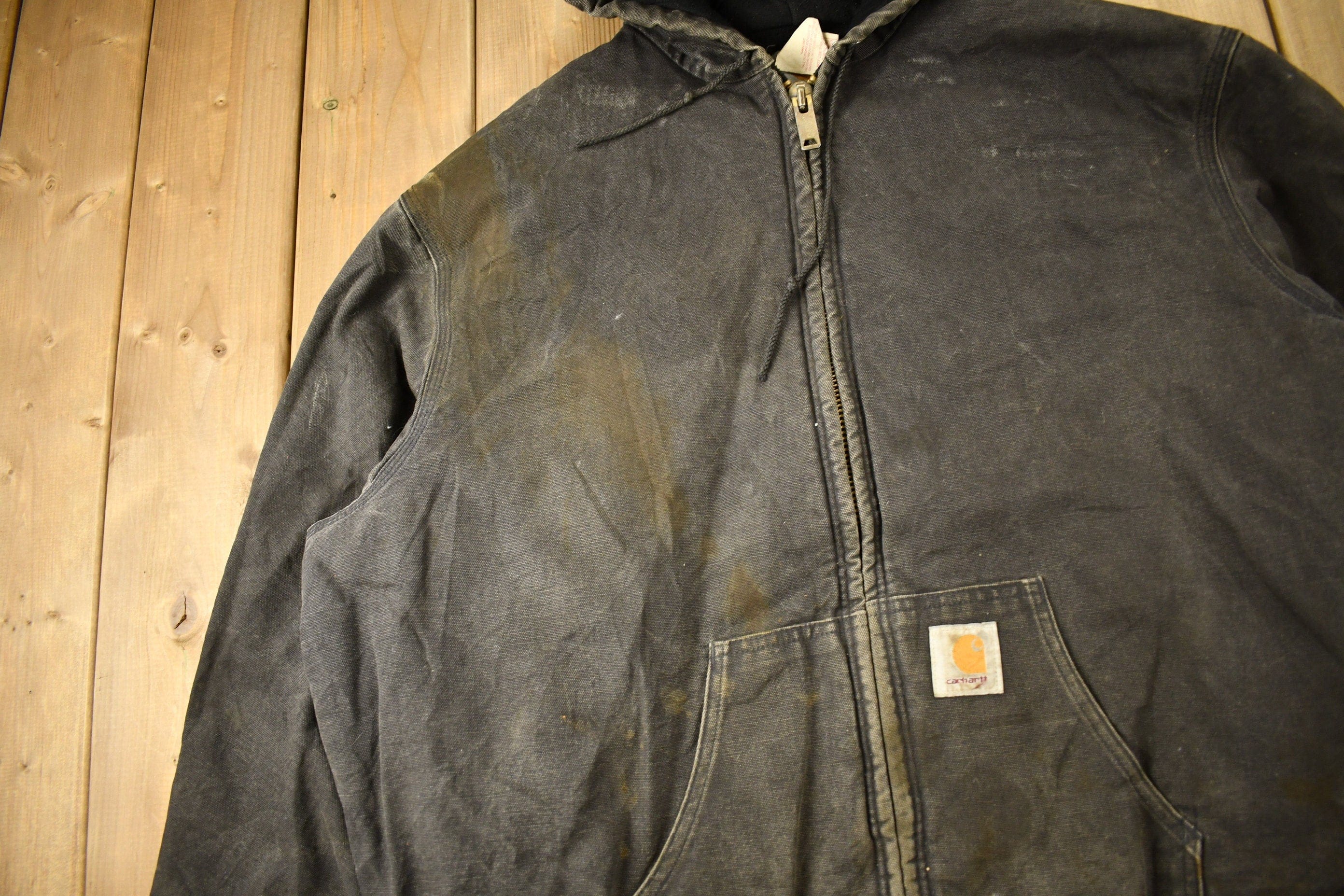 Vintage 1980s Distressed Carhartt Hooded Work Jacket Men's 2XL - Image 3
