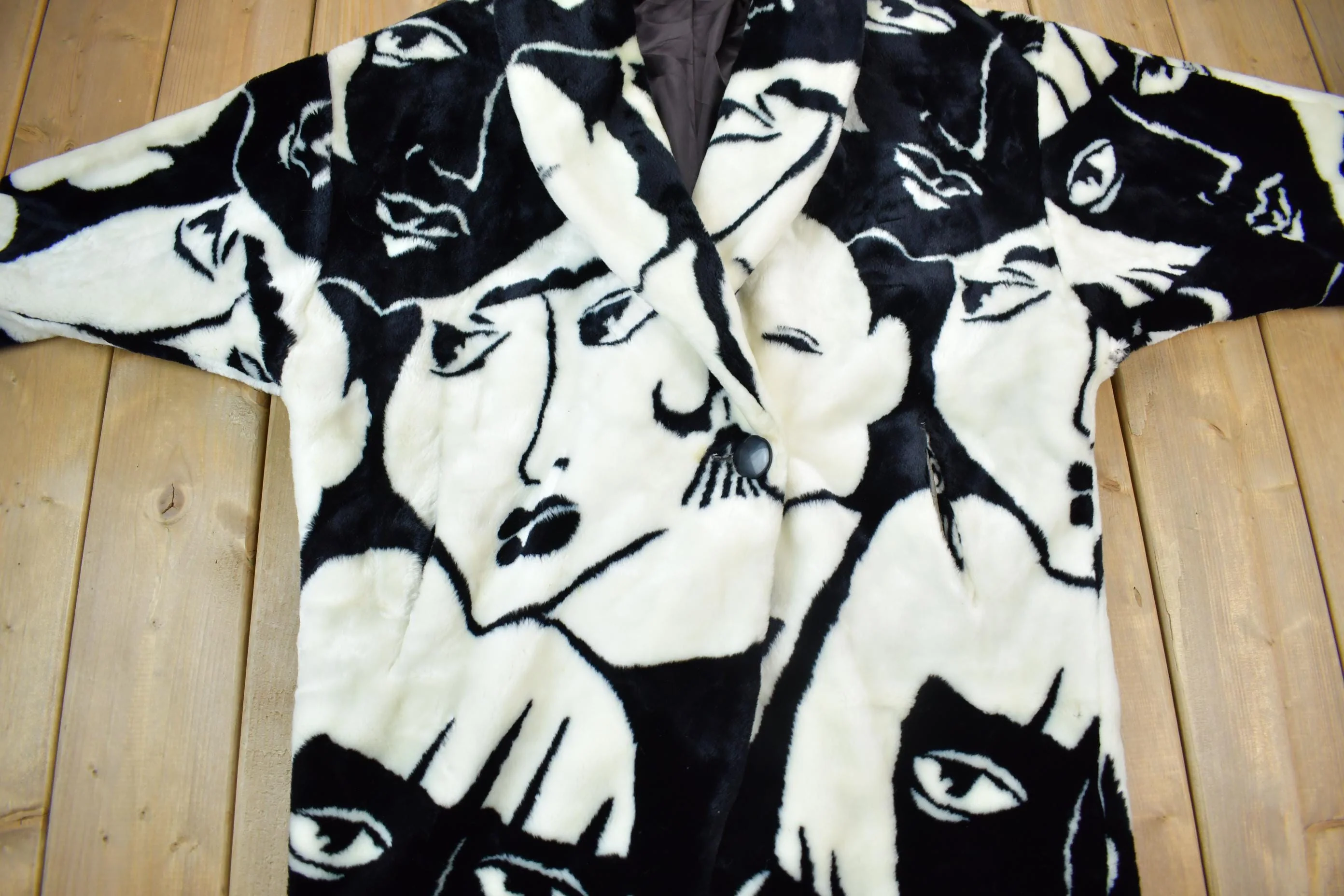 Vintage 1980s Donny Brook Abstract Art Face Graphic Over Coat Men's Large - Image 3
