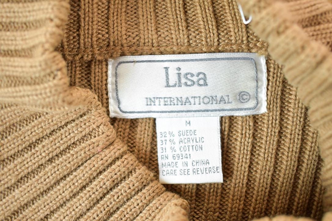 Vintage 1980s Lisa International Knit Abstract Pattern Suede Patch Crewneck Sweater Mens S - Image 4