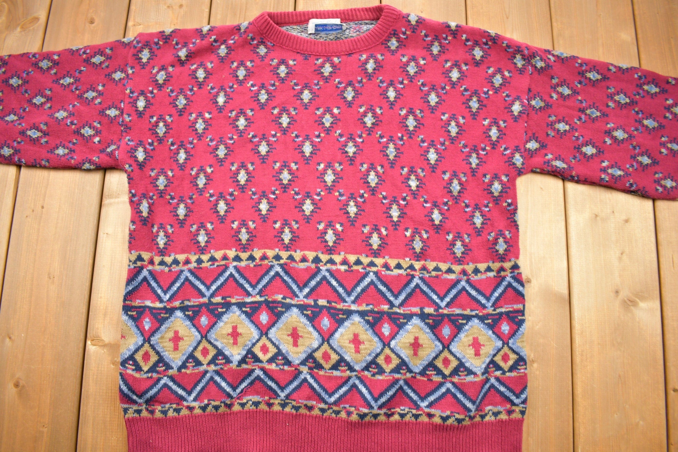 Vintage 1980s Mark Honors All Over Pattern Knitted Crewneck Sweater Men's Large - Image 3