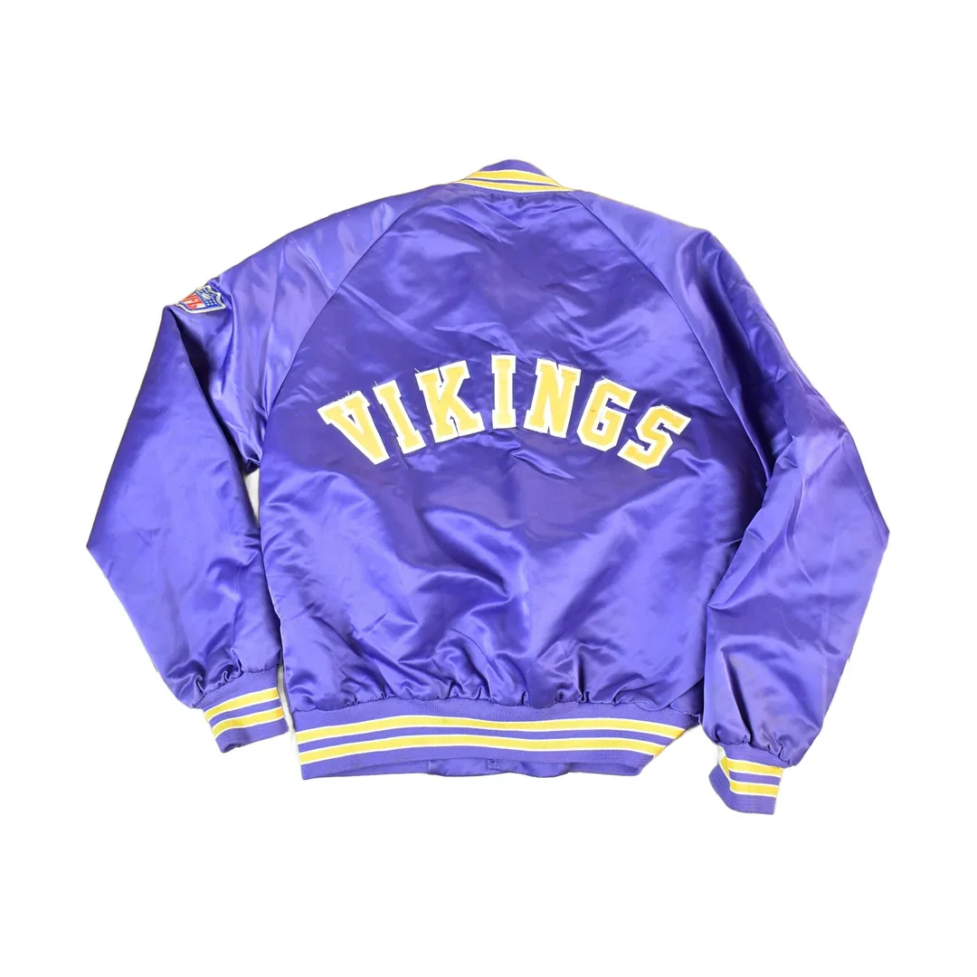 Vintage 1980s Minnesota Vikings Team NFL Football Chalk Line Satin Button Up Bomber Embroidered Puffer Jacket