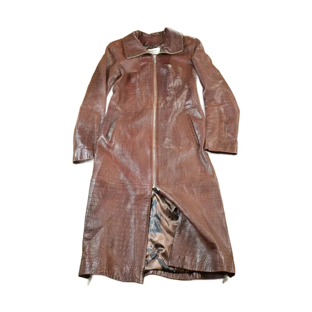 Vintage 1980s Mondial Women's Full Length Alligator Print Leather Trench Coat