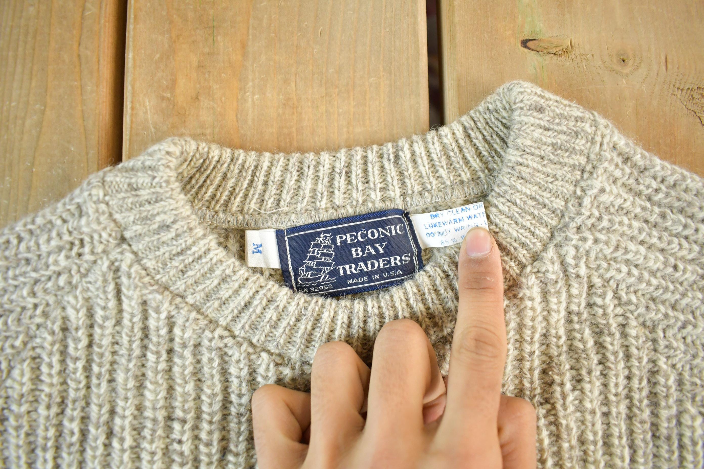 Vintage 1980s Peconic Bay Traders Fisherman Ribbed Wool Knit Sweater Men's Small - Image 4