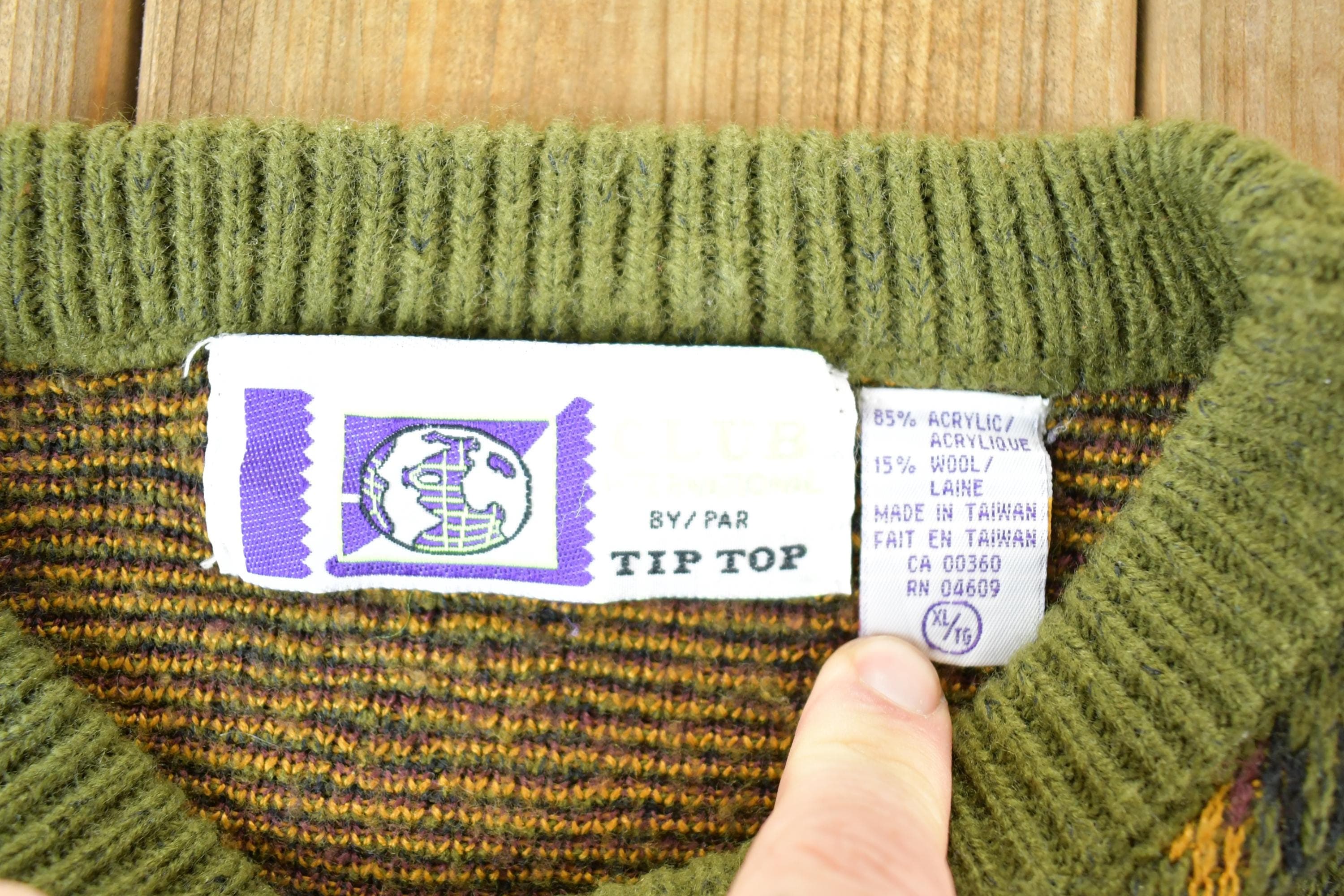 Vintage 1980s Tip Top Wool Knit Abstract Pattern Crewneck Sweater Mens L - Image 4