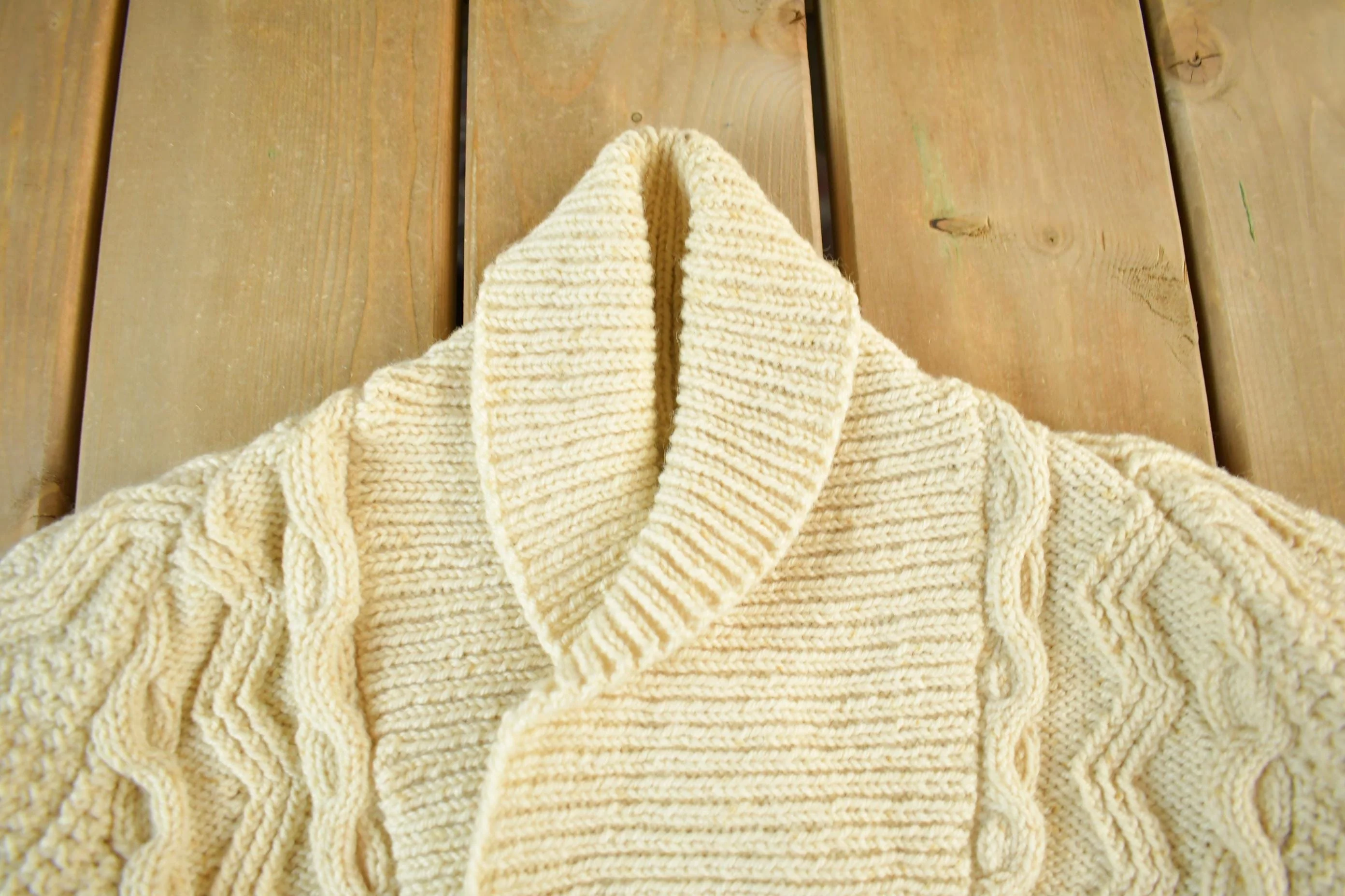 Vintage 1980s Wool Cable Knit Shawl Collar Sweater Women's Medium - Image 4
