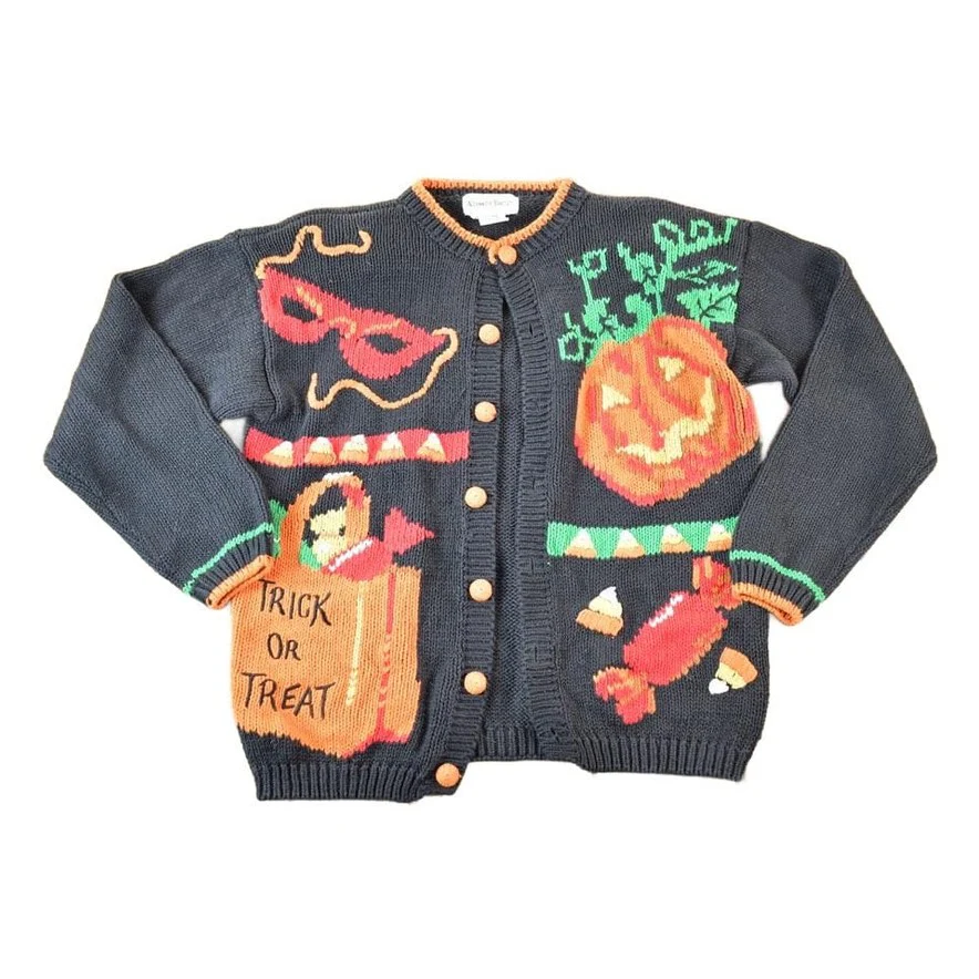 Vintage 1990s Alexandra Bartlett Halloween All Over Print Chunky Knit Abstract Pattern Cardigan Sweater Women's L