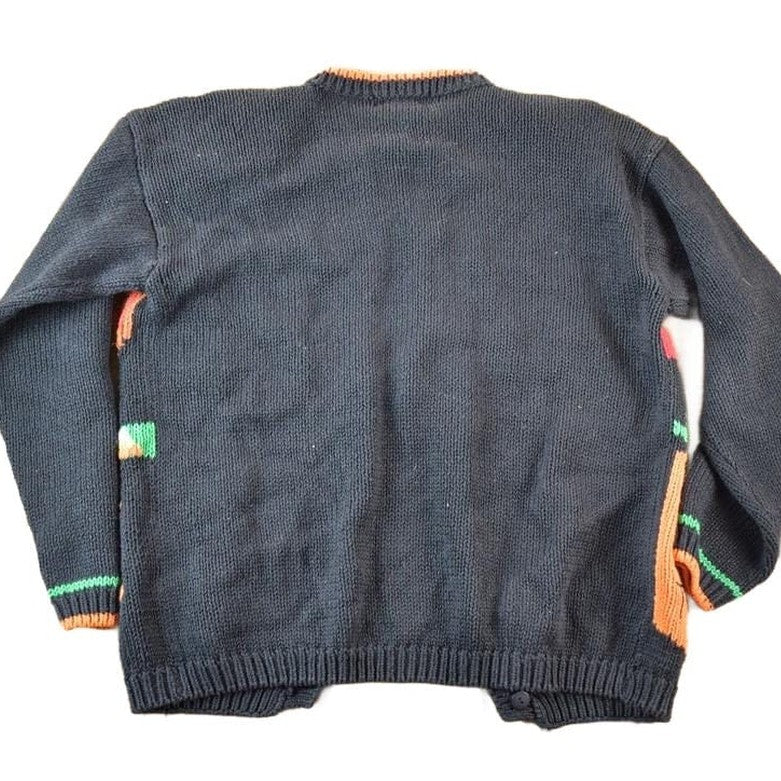 Vintage 1990s Alexandra Bartlett Halloween All Over Print Chunky Knit Abstract Pattern Cardigan Sweater Women's L - Image 2