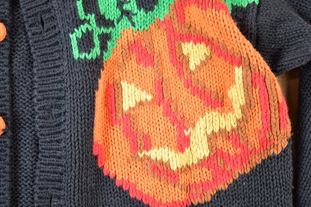Vintage 1990s Alexandra Bartlett Halloween All Over Print Chunky Knit Abstract Pattern Cardigan Sweater Women's L - Image 3