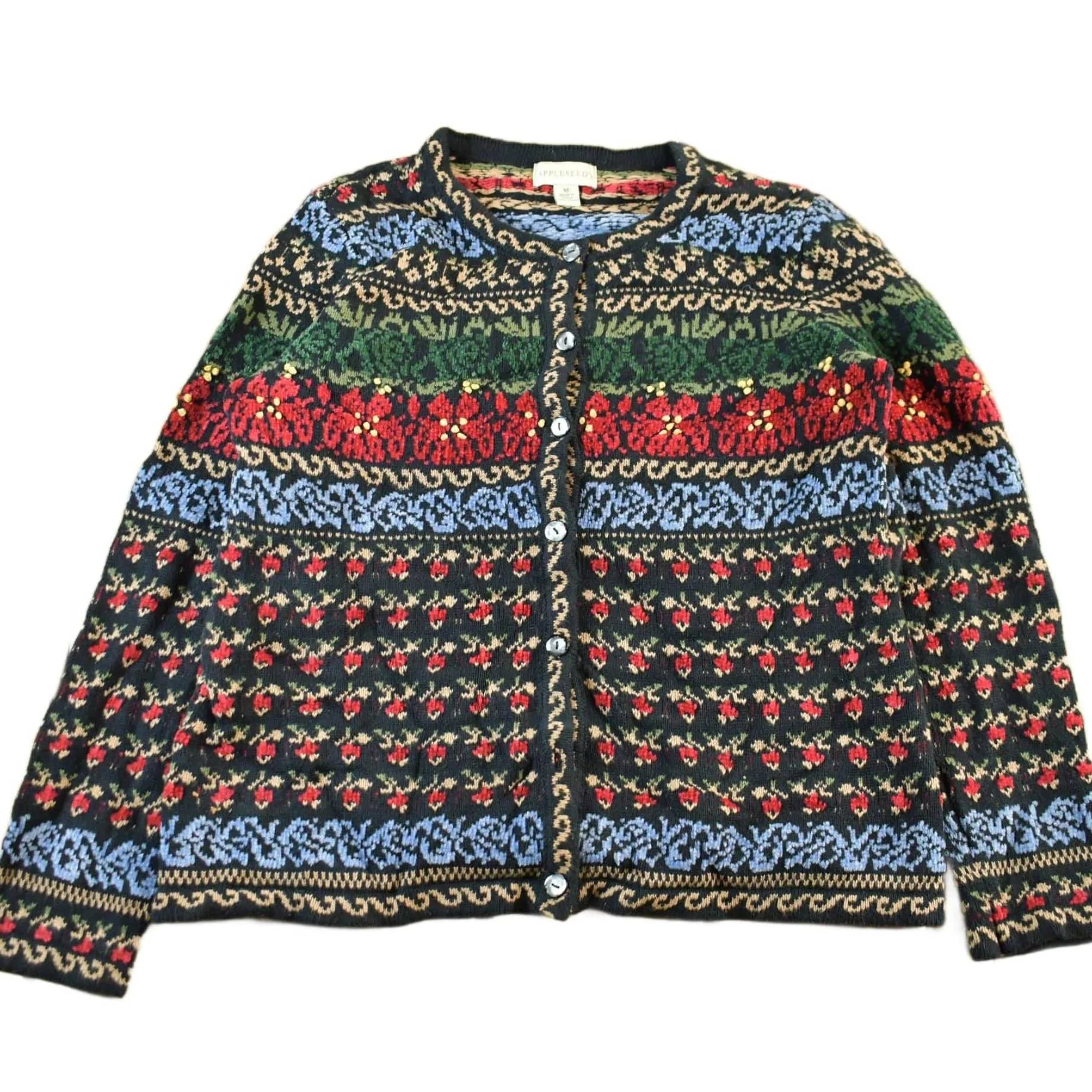 Vintage 1990s Appleseeds Floral Knit Cardigan Sweater Women's Medium