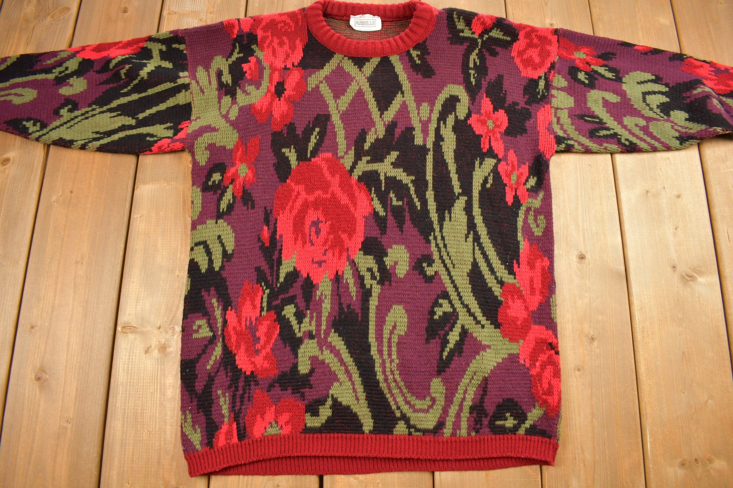 Vintage 1990s Arielle Abstract Rose Theme Knitted Crewneck Sweater Men's Medium - Image 3