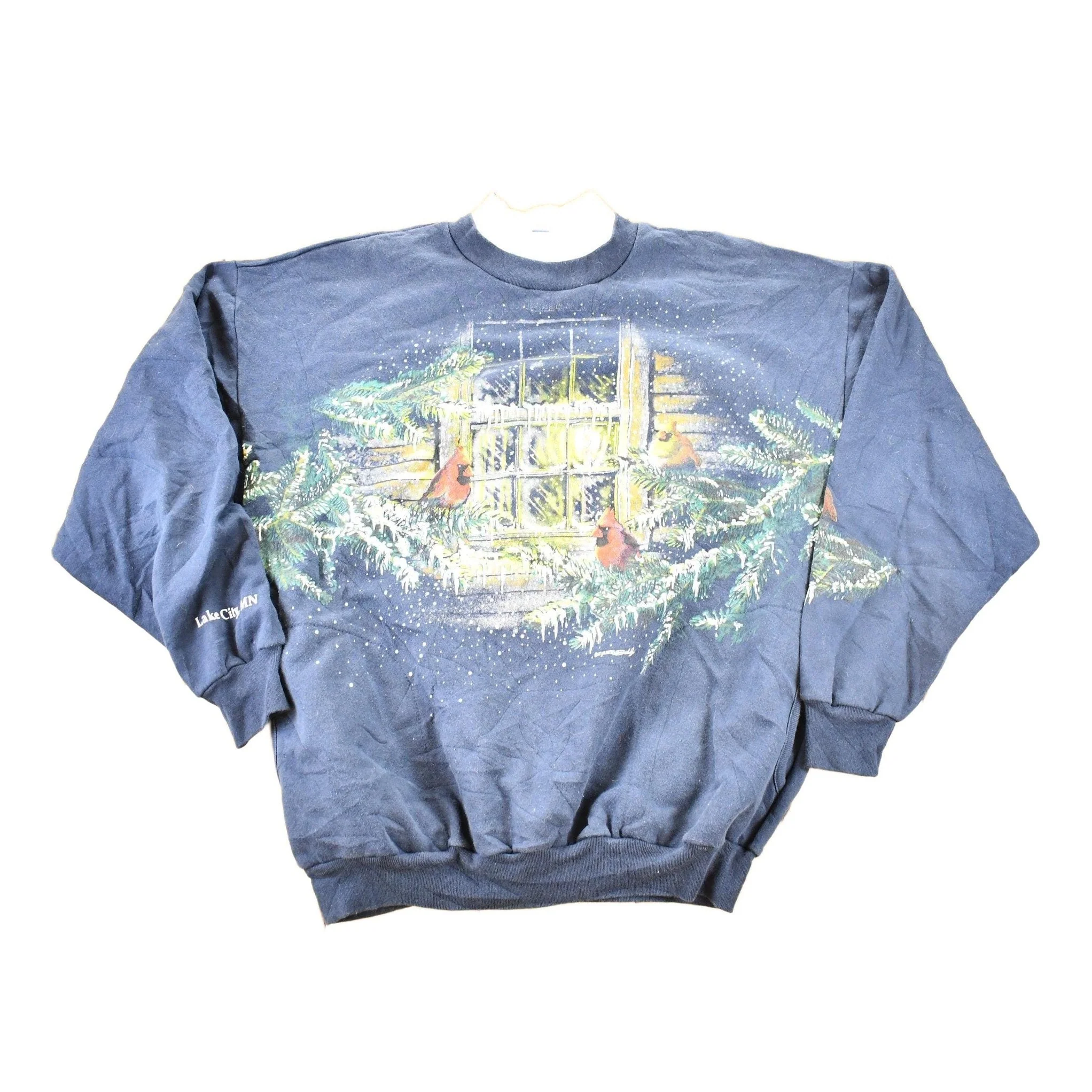 Vintage 1990s Art Unlimited Winter Cardinal AOP Collared Crewneck Sweatshirt Men's L