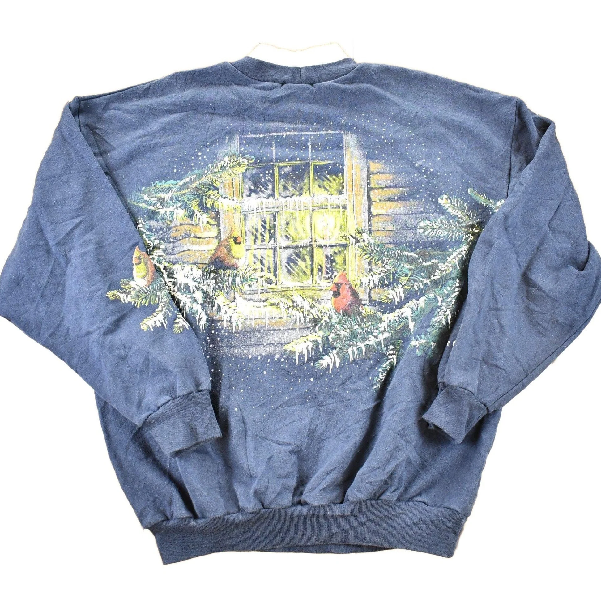 Vintage 1990s Art Unlimited Winter Cardinal AOP Collared Crewneck Sweatshirt Men's L - Image 2