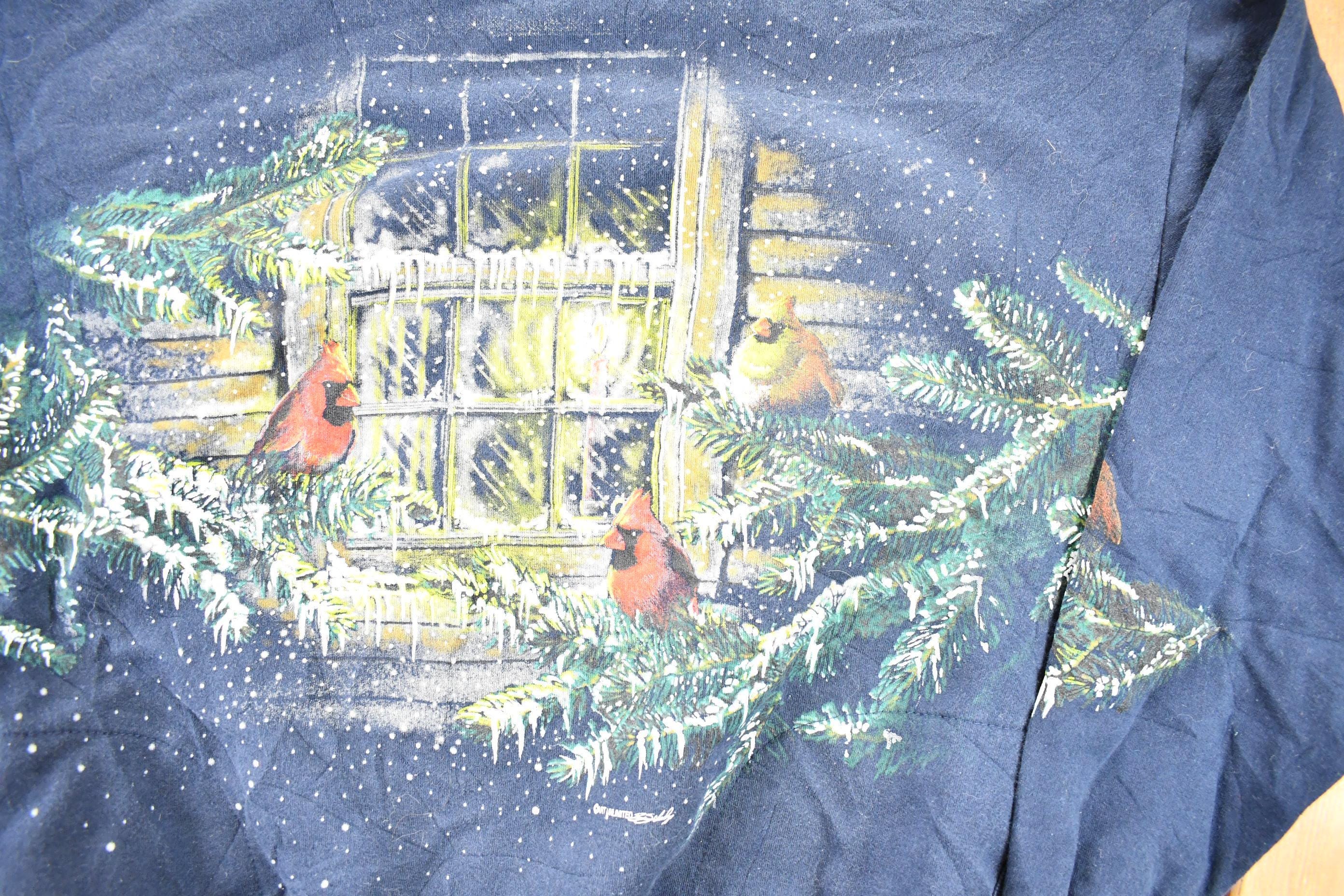 Vintage 1990s Art Unlimited Winter Cardinal AOP Collared Crewneck Sweatshirt Men's L - Image 3