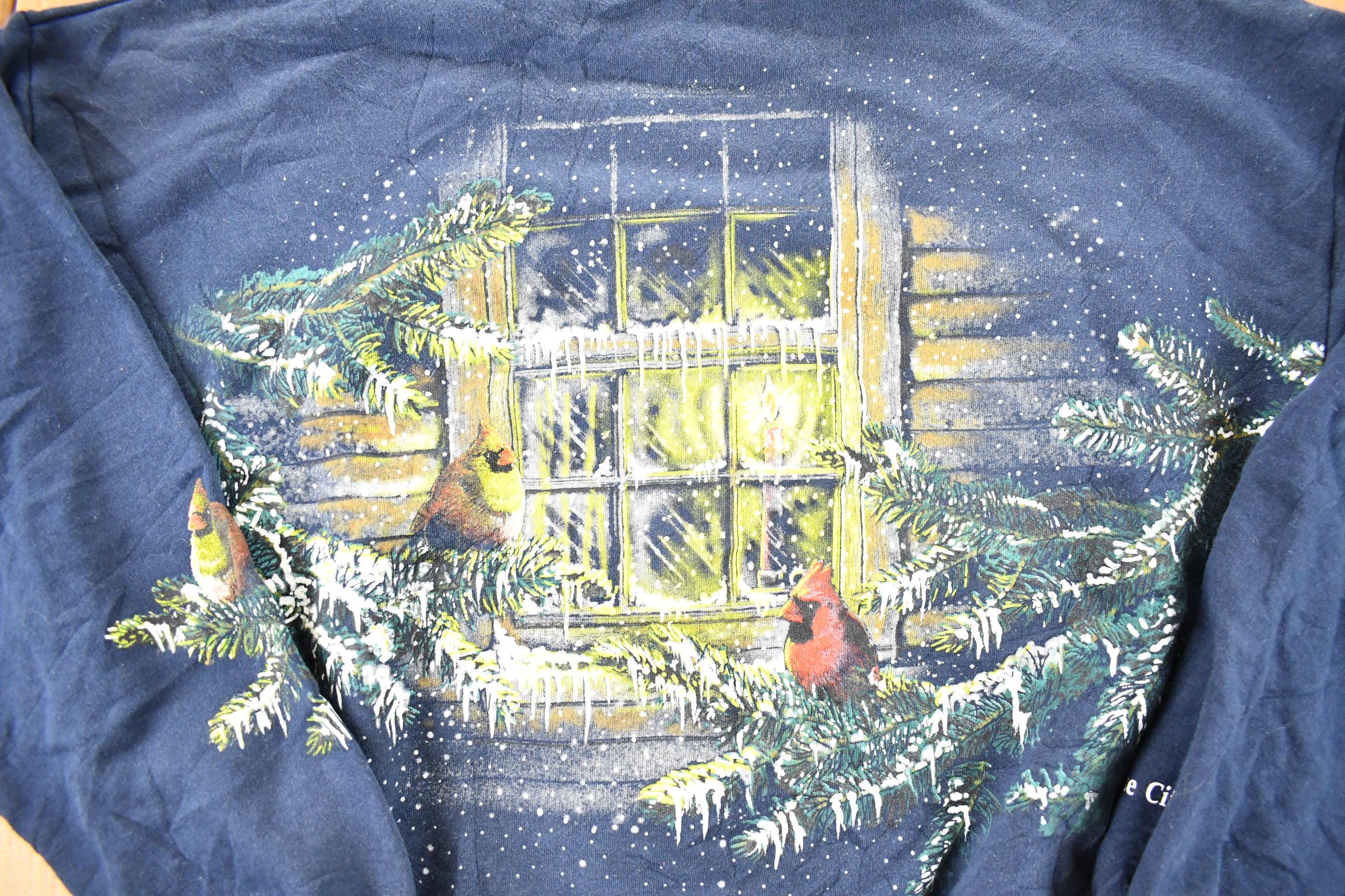 Vintage 1990s Art Unlimited Winter Cardinal AOP Collared Crewneck Sweatshirt Men's L - Image 4