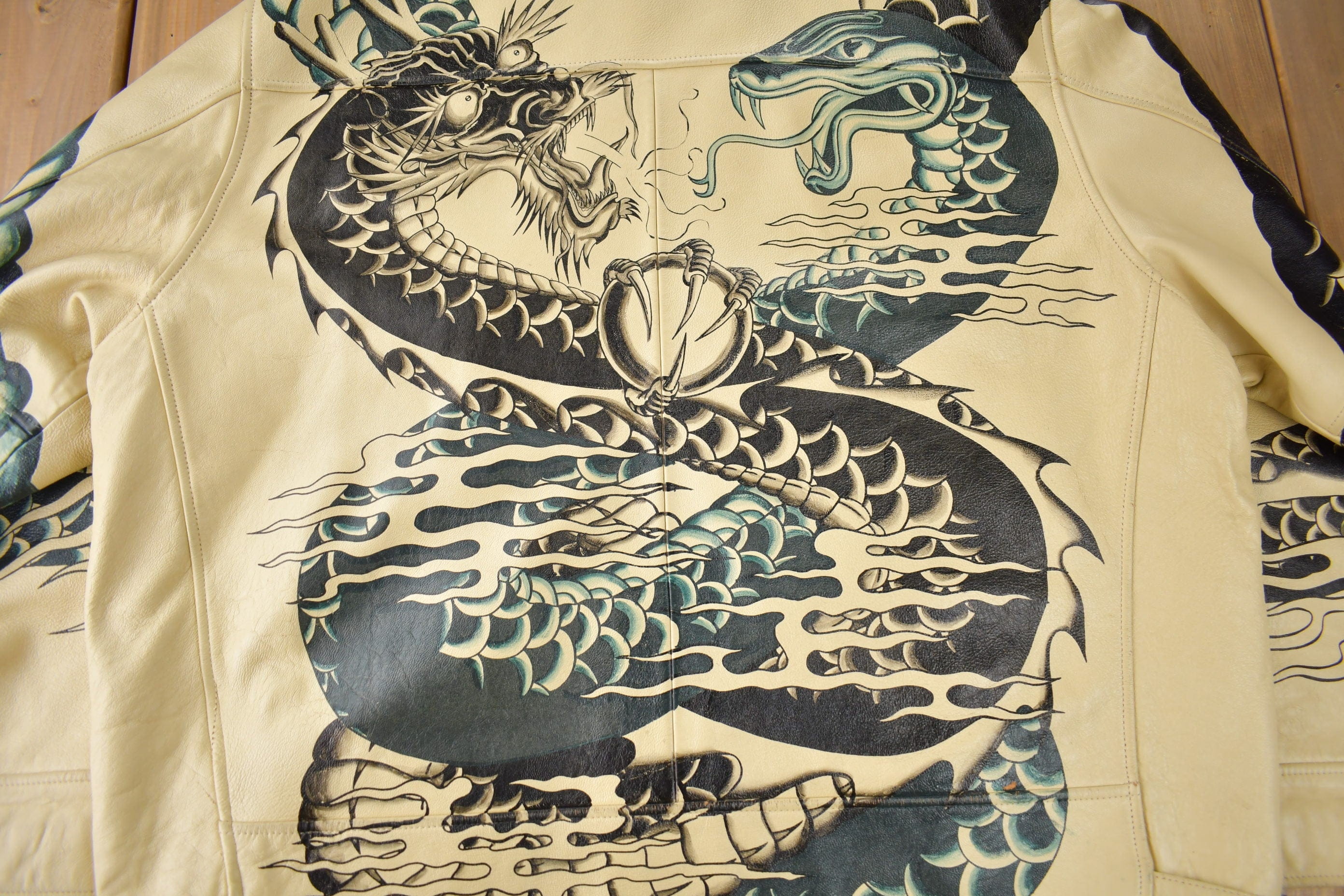 Vintage 1990s Avirex USA Japanese Dragons Graphic Leather Jacket Size 3XL - Image 3