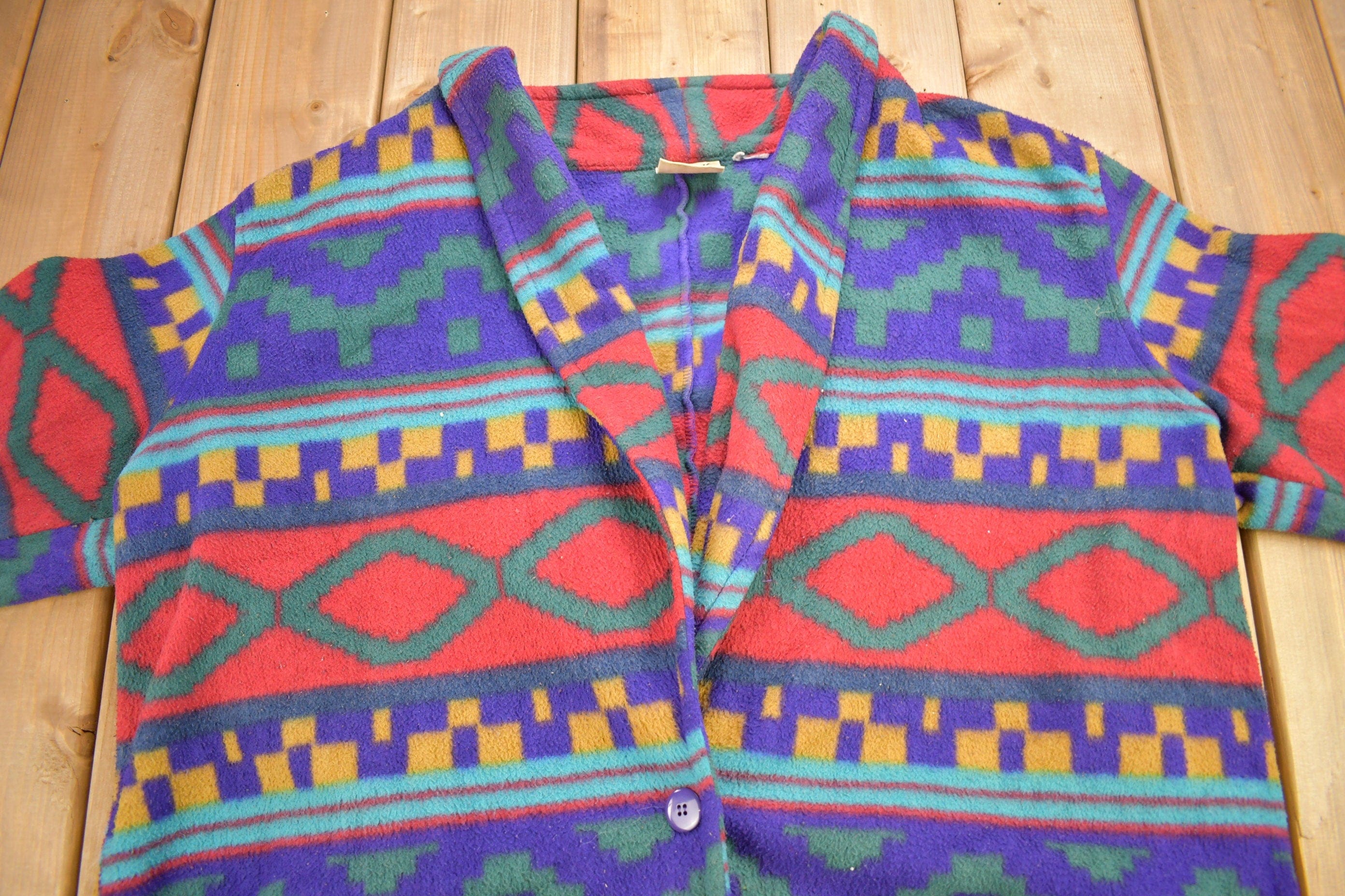 Vintage 1990s Aztec Theme All Over Print Fleece Sweater Men's XL - Image 3