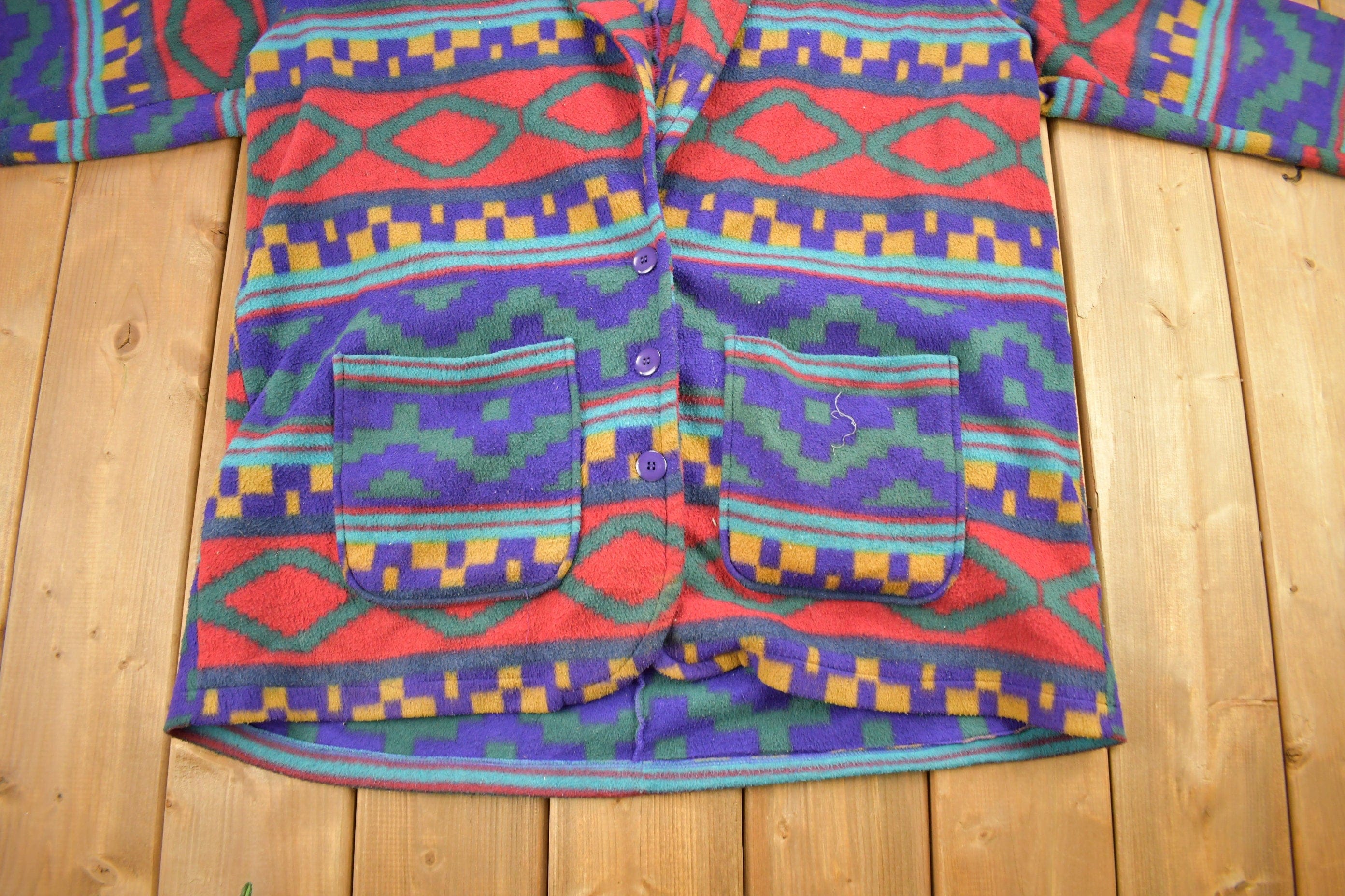 Vintage 1990s Aztec Theme All Over Print Fleece Sweater Men's XL - Image 4