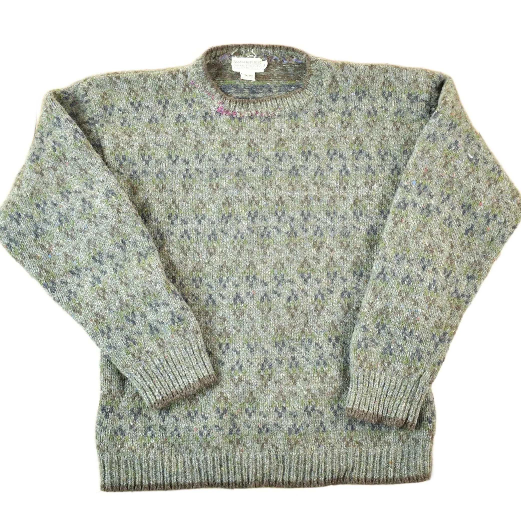 Vintage 1990s Banana Republic Safari And Travel Pure Wool Knit Abstract Pattern Crewneck Sweater Mens Medium