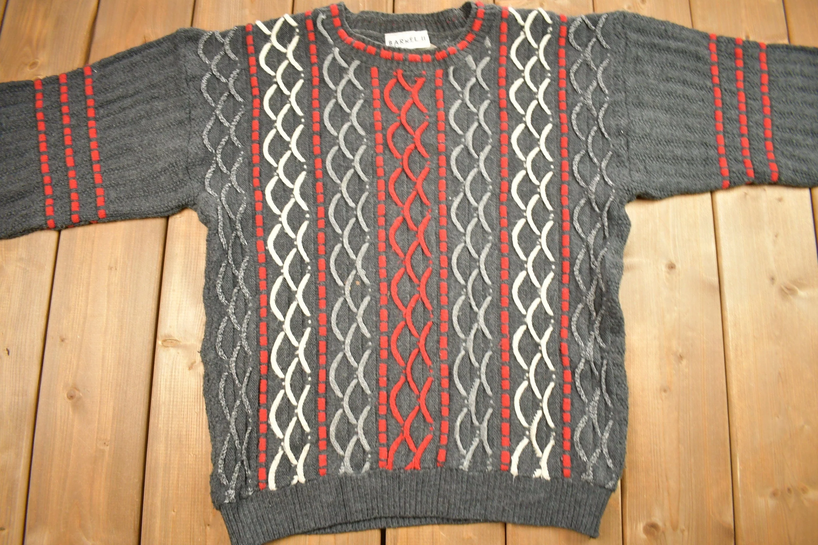 Vintage 1990s Barrel Made In USA Knitted Cable Knit SweaterMen's Medium - Image 3