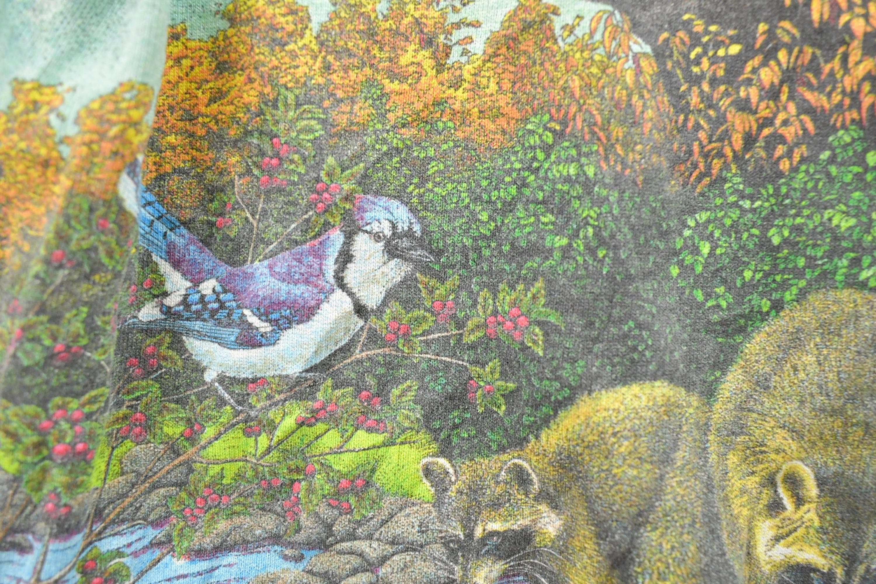Vintage 1990s Bear And Bluejay Theme Habitat Graphic T-Shirt Men's L - Image 7
