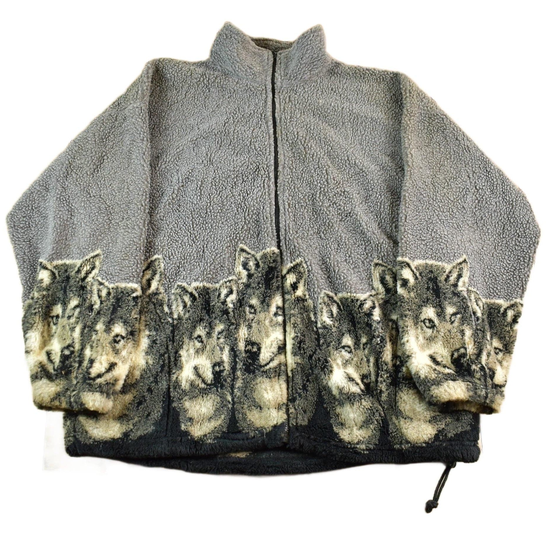 Vintage 1990s Bear Ridge Winter Wolf Theme Full Zip Fleece Sweater Jacket Men's XL