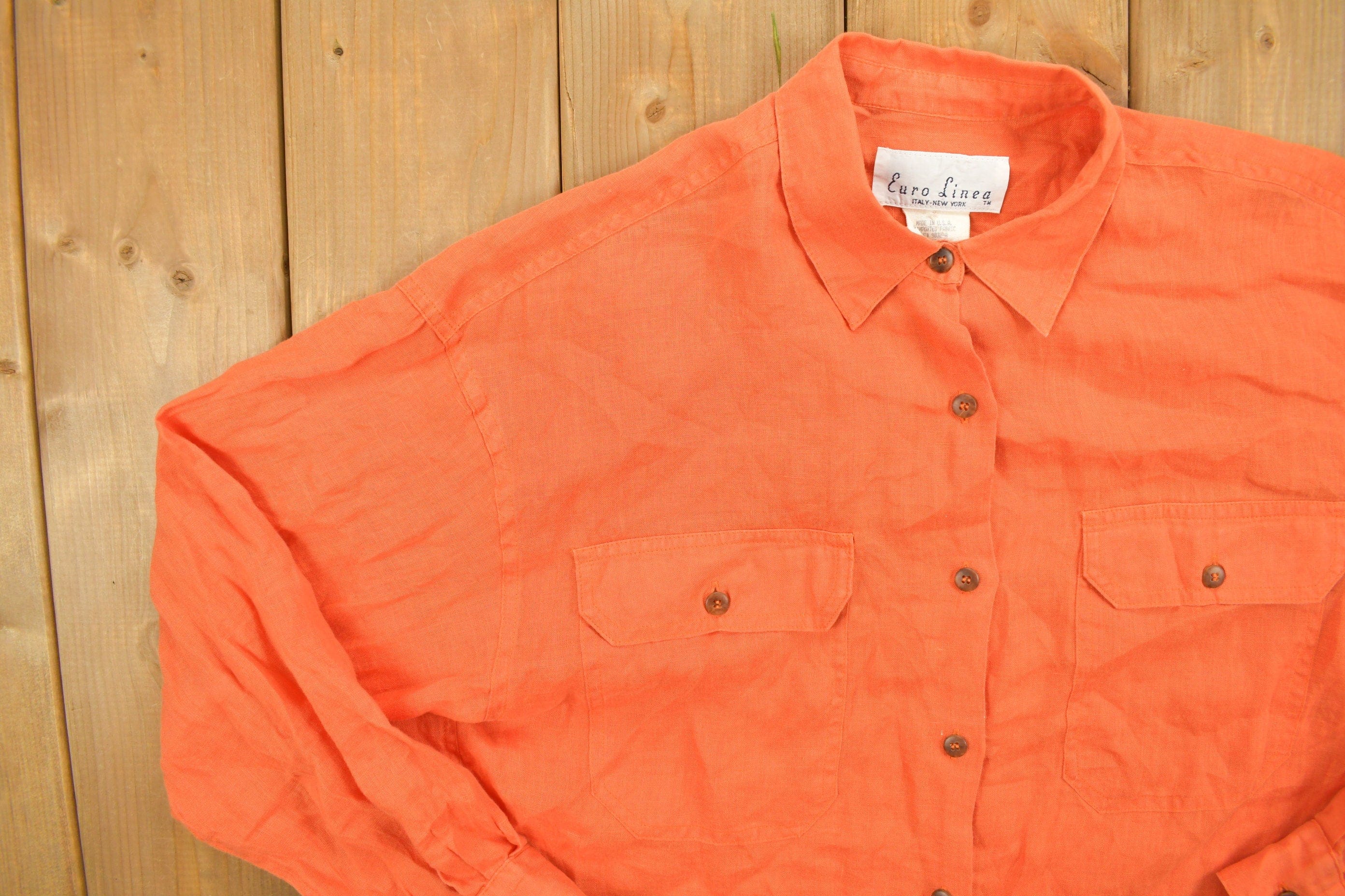 Vintage 1990s Blank Orange Button Up Shirt Women's Large - Image 3