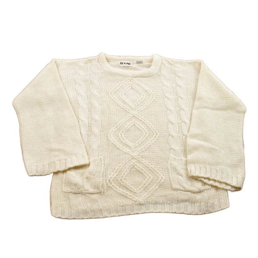 Vintage 1990s Blank White 3D Cable Knit Crewneck Sweater Men's Small