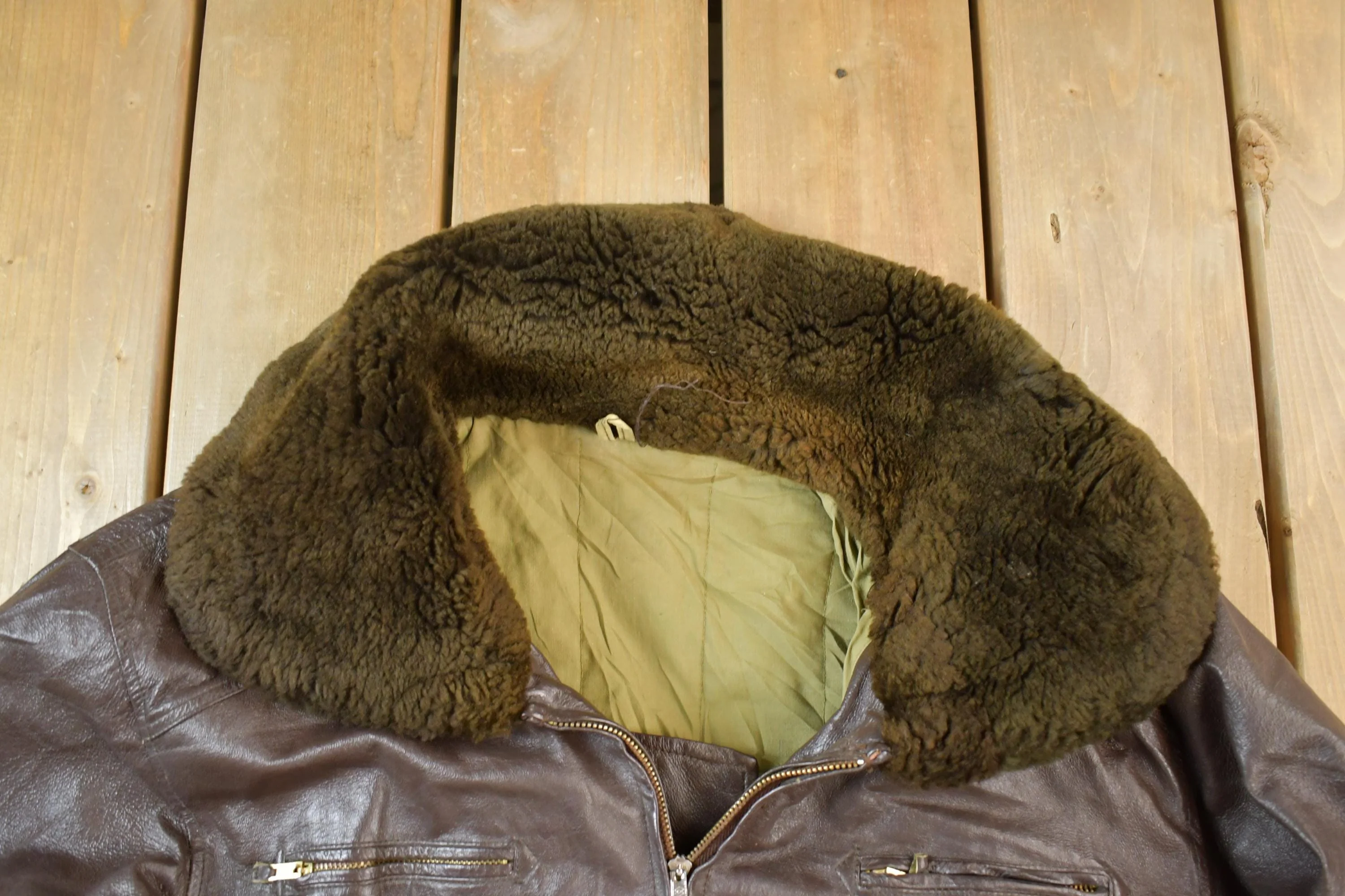 Vintage 1990s Brown Leather Bomber Shearling Collar Jacket Made In USA - Image 3