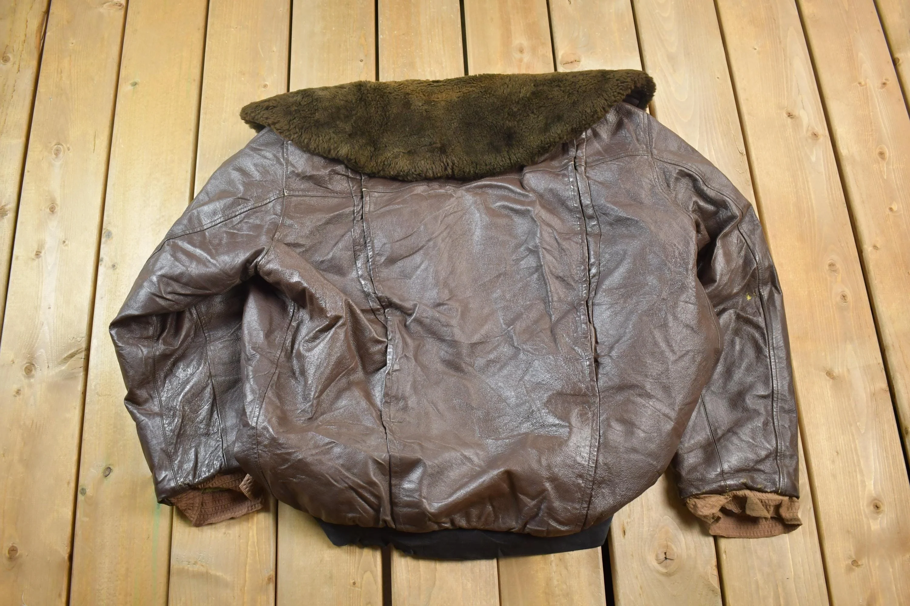 Vintage 1990s Brown Leather Bomber Shearling Collar Jacket Made In USA - Image 7