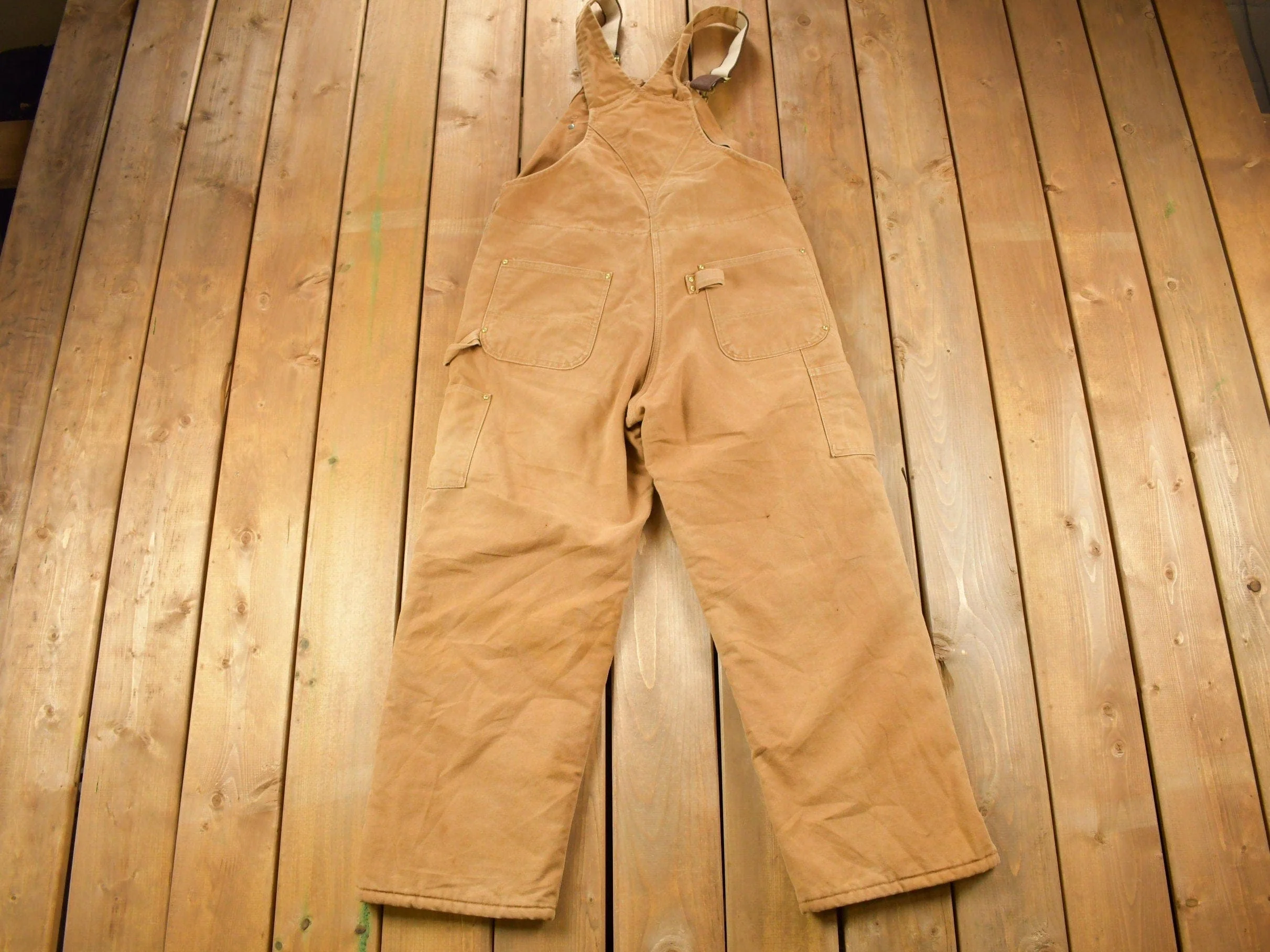 Vintage 1990s Carhartt Beige Double Knee Canvas Quilted Overalls Men's 38 x 30 - Image 3